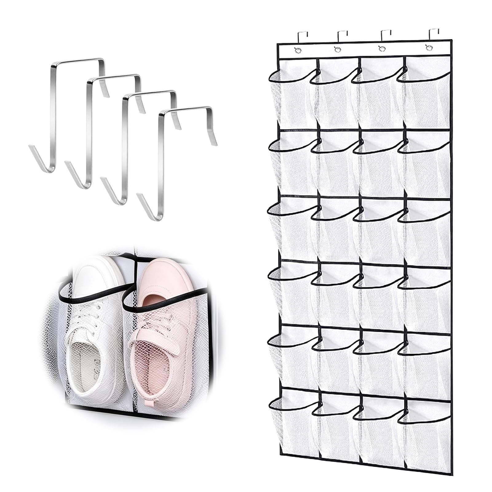 Junohawk Over Door Shoe Organiser, 24 Mesh Pockets Hanging Storage, White