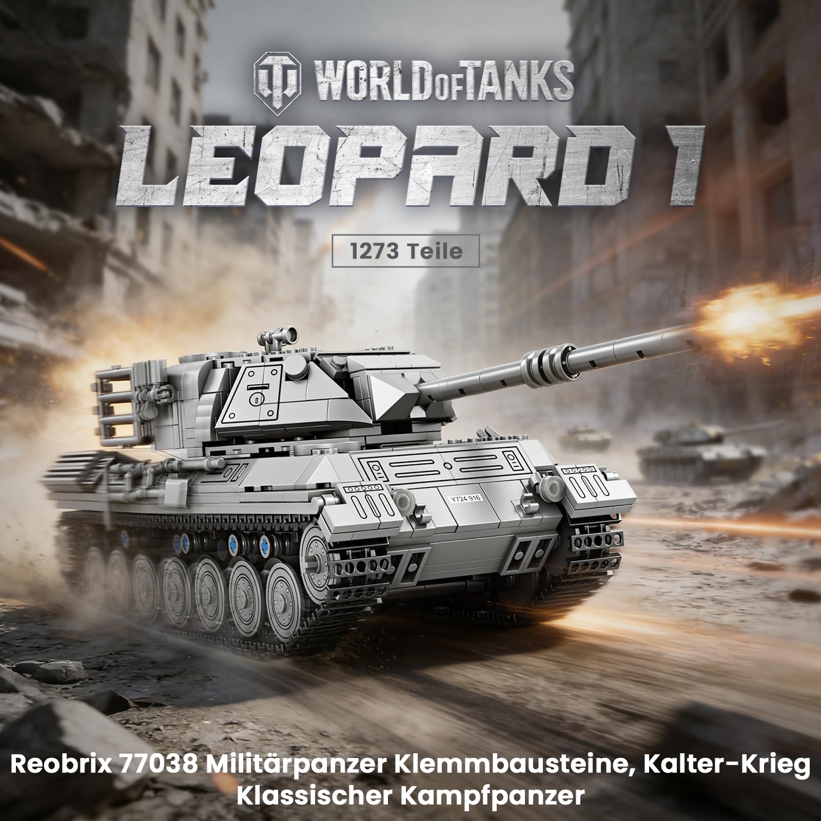 Reobrix 77038 Leopard 1 Panzer Modellbausatz, Klemmbausteine für Erwachsene | Maßstab 1:26, Beweglich Turm, Ketten und Kanone, Militärpanzer, Militärfahrzeuge, World of Tanks Lizenziert, 1273 Teile