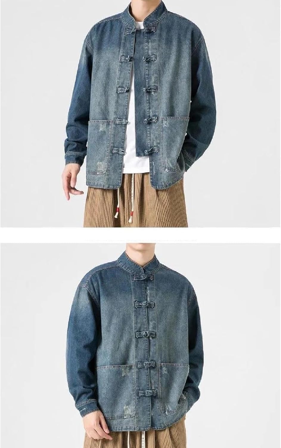 Men's Spring Retro Washed Denim Jacket - Long Sleeve Stand Collar Vintage Shirts Fashion Coat