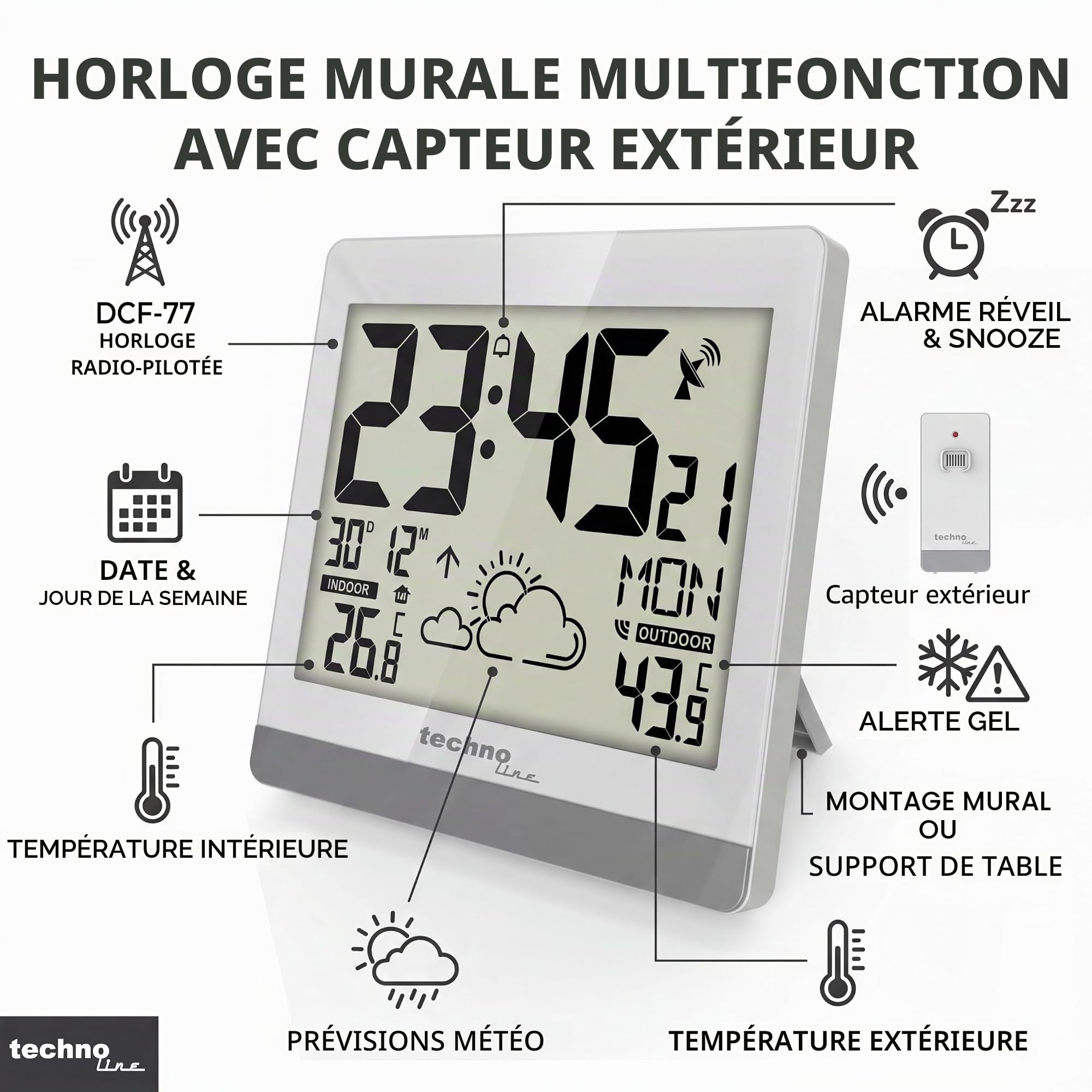 Technoline WS8119 Horloge Murale numérique sans Fil avec Affichage de la température et prévisions météorologiques