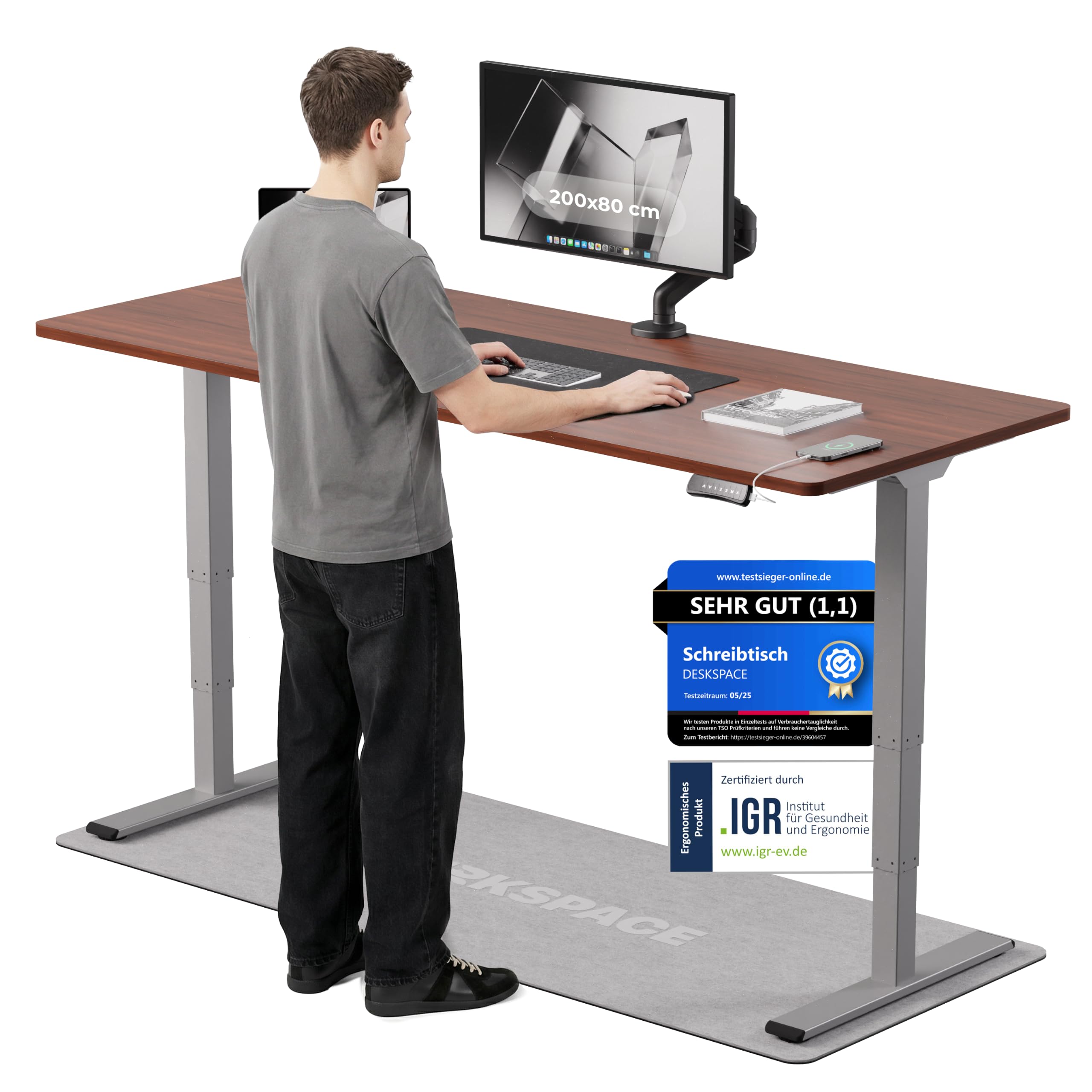 PRO Plus Elektrisch höhenverstellbarer Schreibtisch - Ergonomischer Stehpult mit Memoryfunktion Kollisionschutz (Graues Gestell, Mahagoni Tischplatte, 200 x 80 cm)