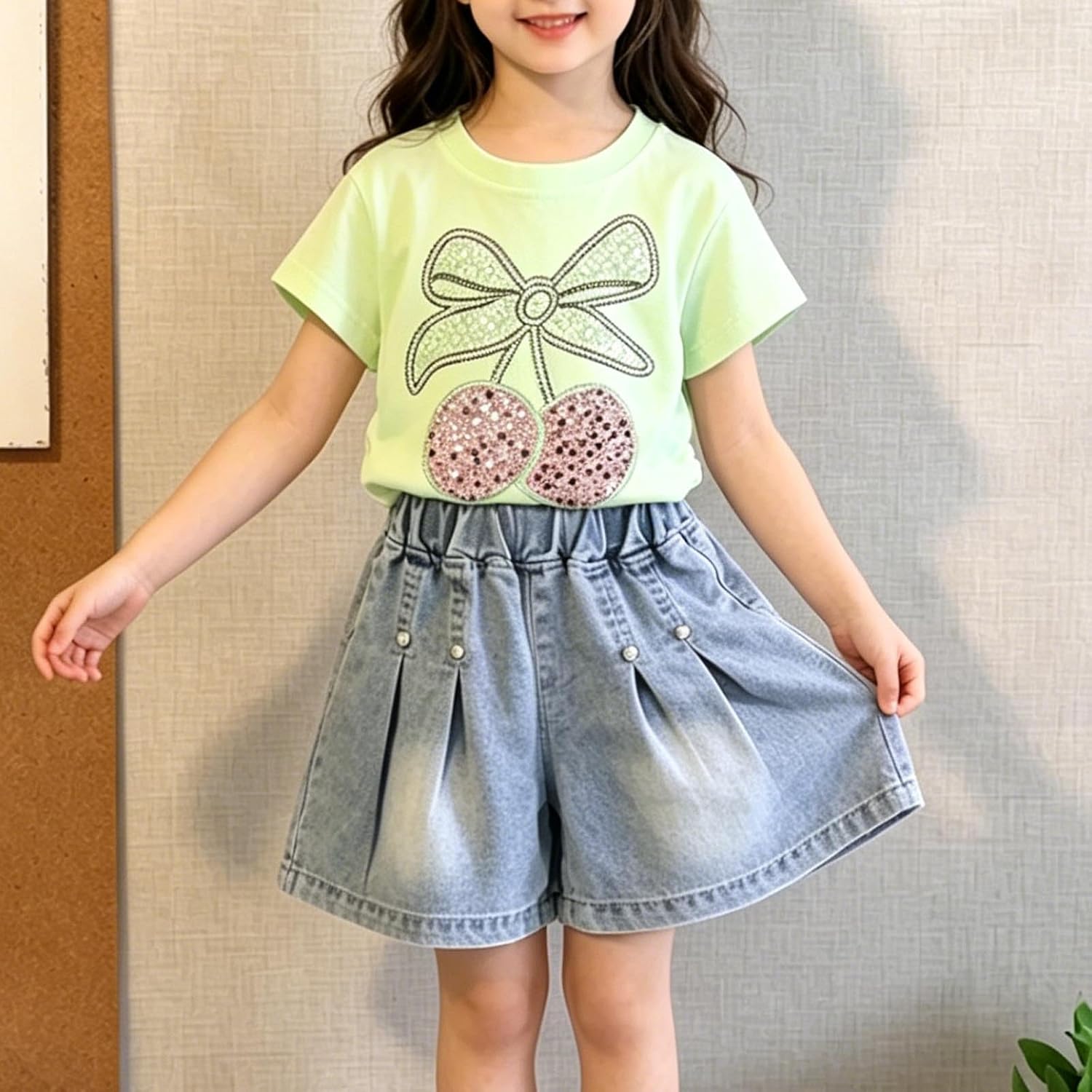 Girls Two Piece Sequin Outfit Cherry Short Sleeve Crewneck Tee High Elastic Ruched Denim Shorts Vacation Outfits