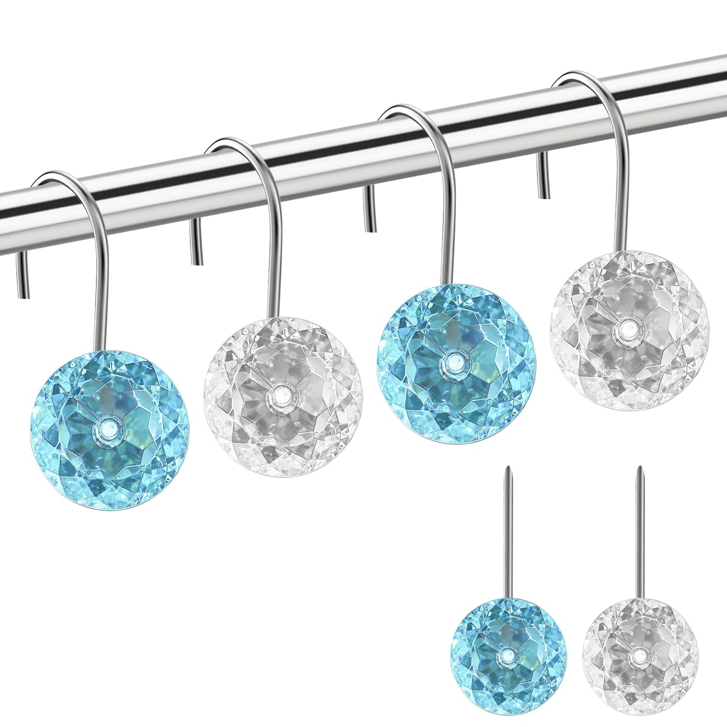 Gosuoa 12PCS Teal Blue & Clear Shower Curtain Hooks, Stainless Steel Rustproof Rhinestone Crystals Shower Curtain Rings with Smooth Sliding, Decorative Bling for Mermaid/Ocean/Turquoise Bathroom