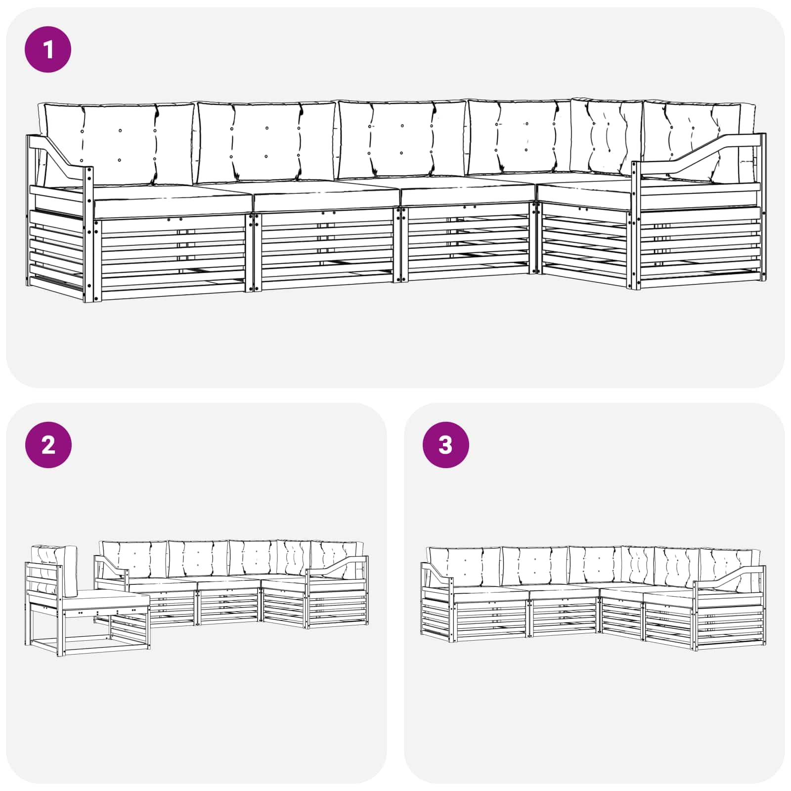 Gartenmöbelgarnitur mit 5 Sitzkissen und Armlehnen für Terrasse Balkon und Garten, wetterfestes Akazienholz Set mit modularen Sofas und Kissen