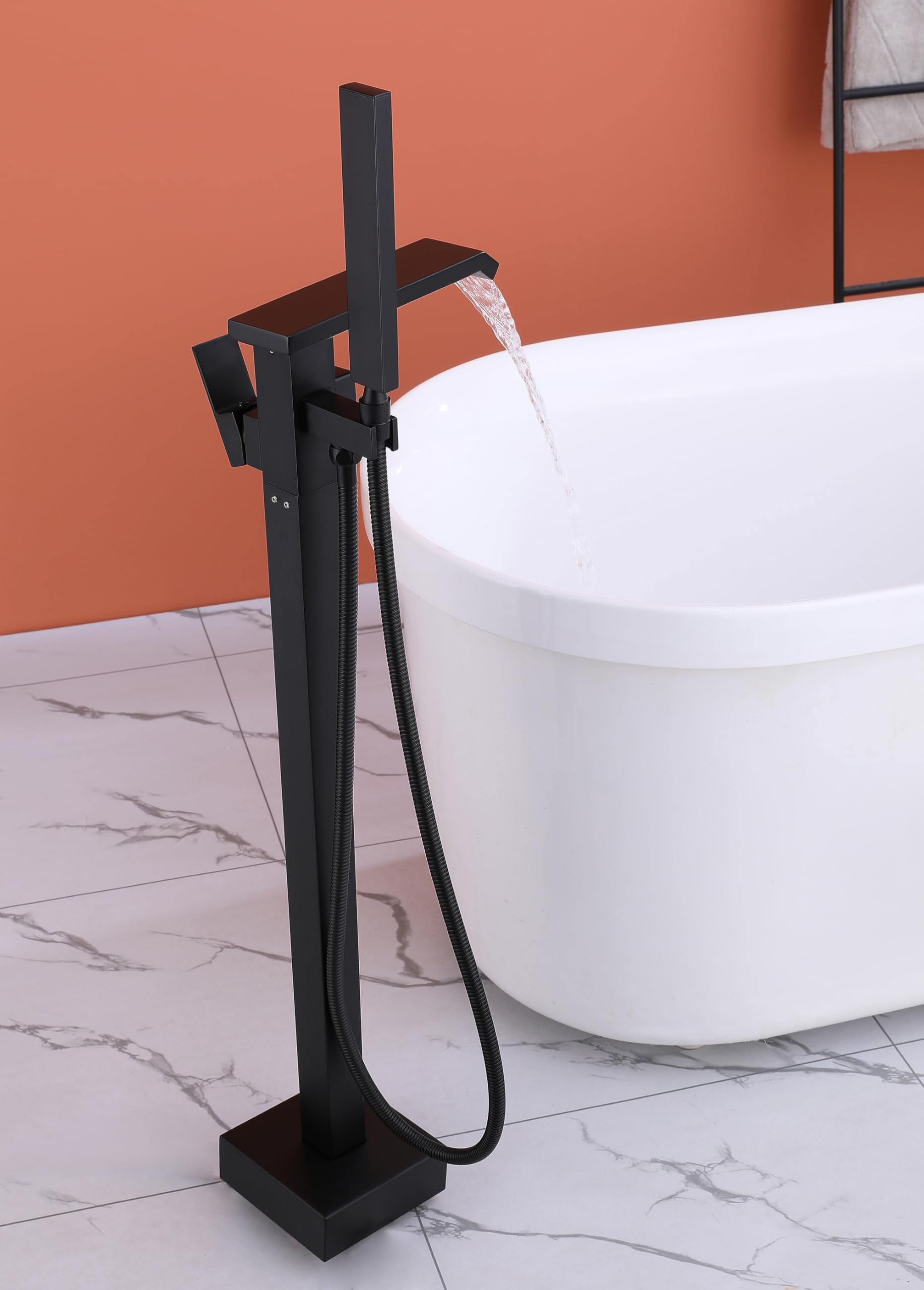 Freistehende Wannenarmatur Schwarz, Badewannenarmatur Freistehend Schwarz Aus Messing 360° Schwenkbar Badezimmerarmatur Bodenmontage Mit Handbrause Für Wanne, Freistehende Badewanne (Schwarz-A)