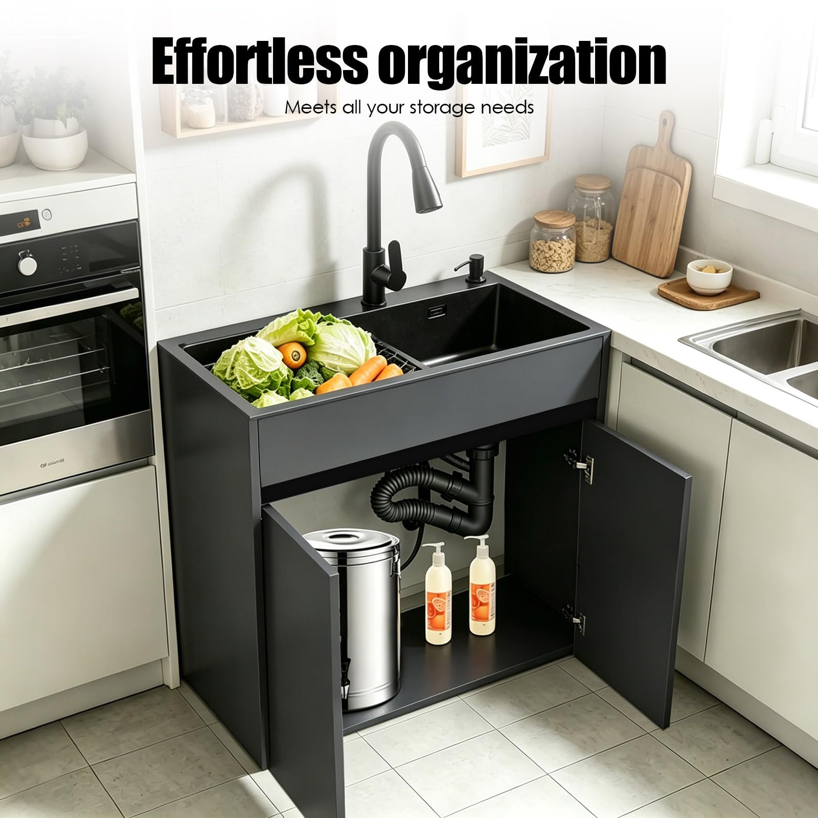 Mueble Fregadero con Cubeta de Acero Inoxidable Negro para Lavadero y Garaje, armario de almacenamiento de aluminio de panel de abeja con grifo, dispensador de jabón y cesta extraíble, ajustable