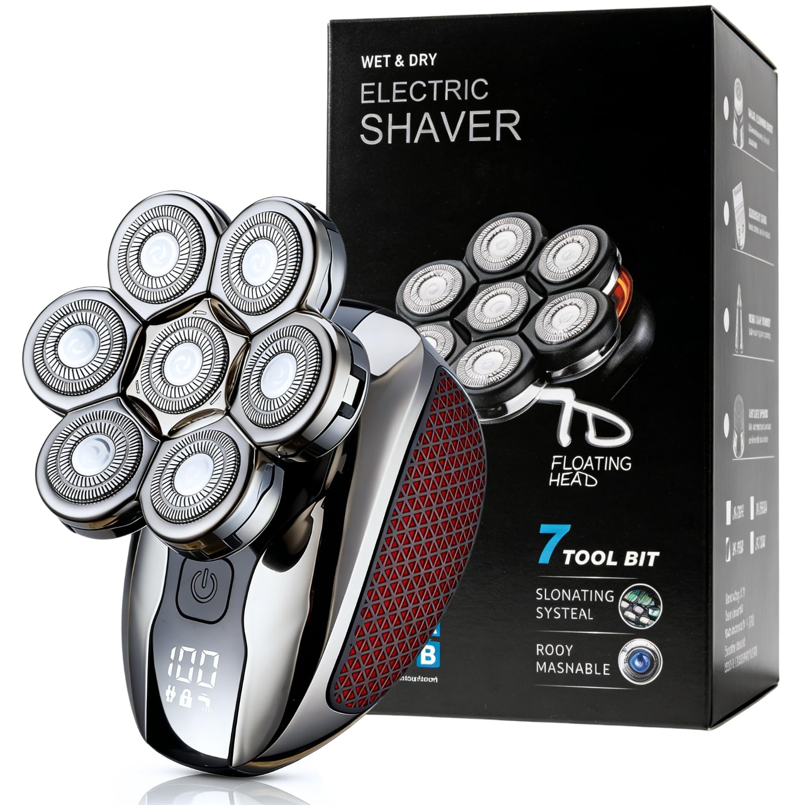 Head Shavers for Bald Men - 5-in-1 7D Floating Electric Bald Head Shavers for Men, IPX6 Waterproof Wet &amp; Dry Use, LED Display Fast Rechargeable, Grooming Kit for Hair/Face/Beard
