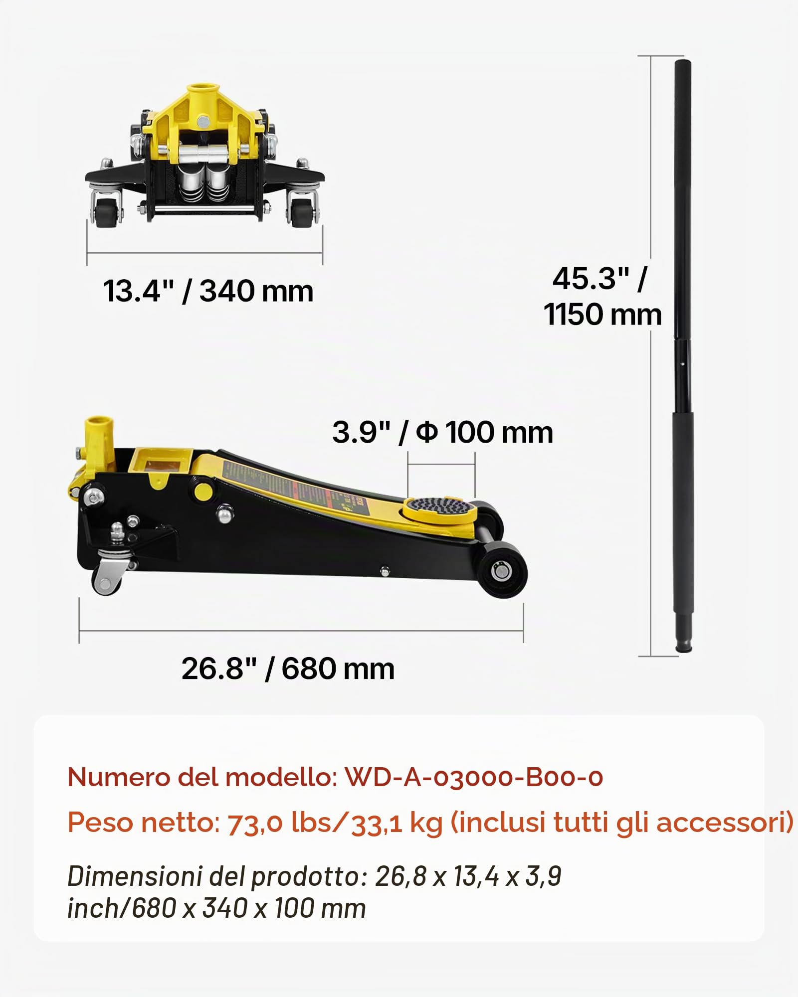 VEVOR Martinetto da Pavimento a Basso Profilo 3 Tonnellate Martinetto da Pavimento da Corsa in Acciaio per Carichi Pesanti con Pompa a Sollevamento a Doppio Pistone, Campo di Sollevamento 75-495 mm