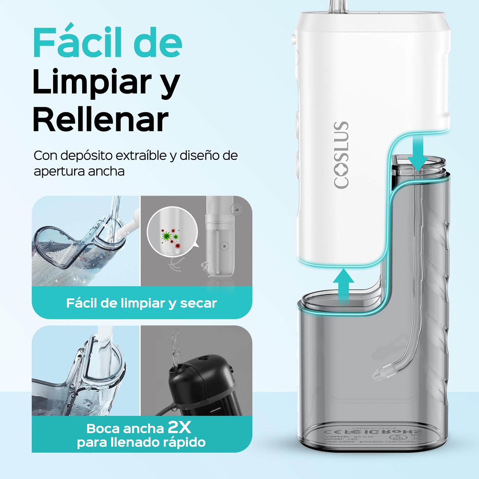 COSLUS T40 Irrigador Dental Portatil Bucal Mini: Diseño Compacto e Inalámbrico, 4 Modos, Depósito Extraíble, IPX7 Impermeable para Ortodoncia, Dientes Sensibles, Uso en Movimiento,Blanco Brillante