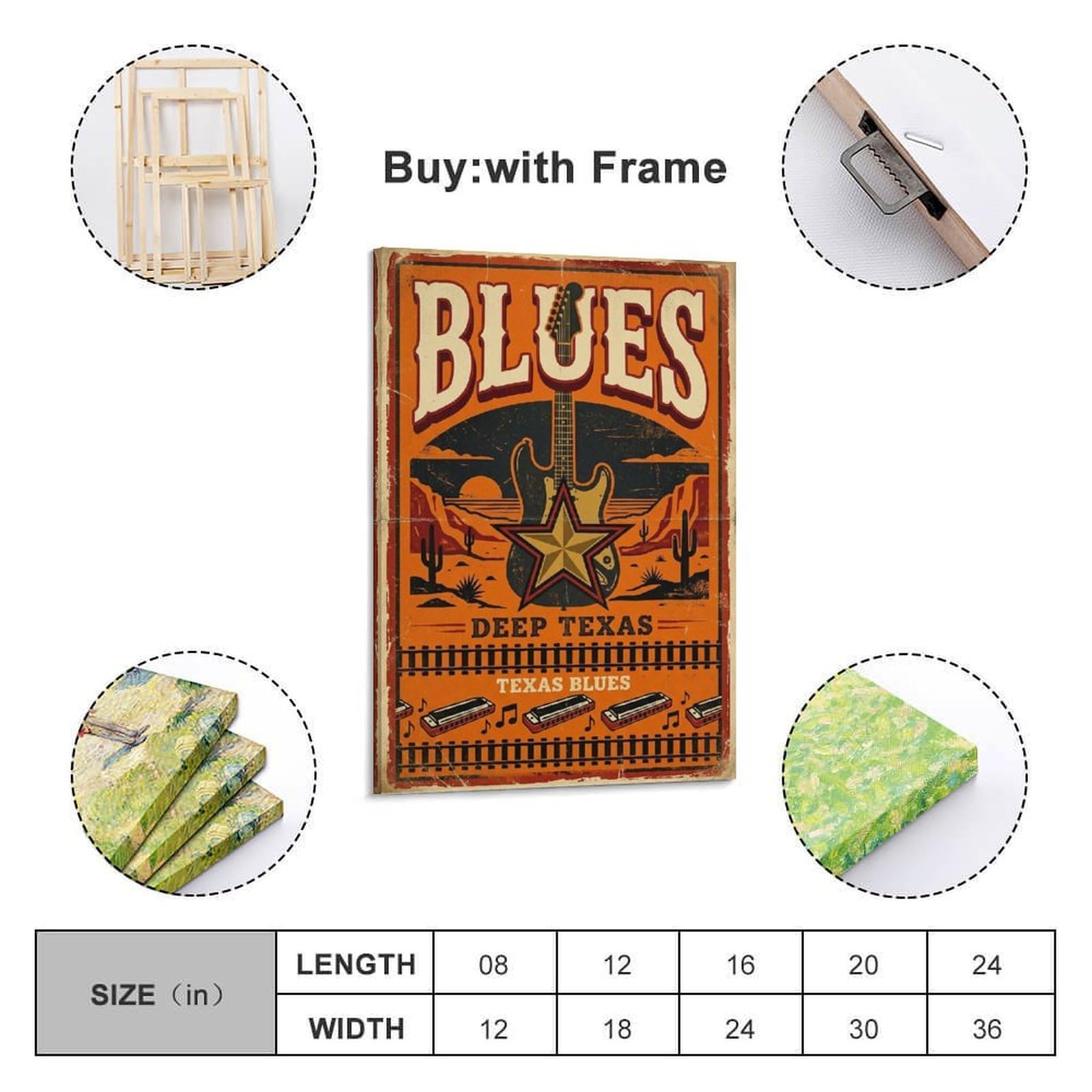 OKNGB Poster decorativo da parete in stile retrò, motivo: chitarra elettrica occidentale Texas Blues, poster decorativo su tela, poster decorativo per camera da letto, 40 x 60 cm