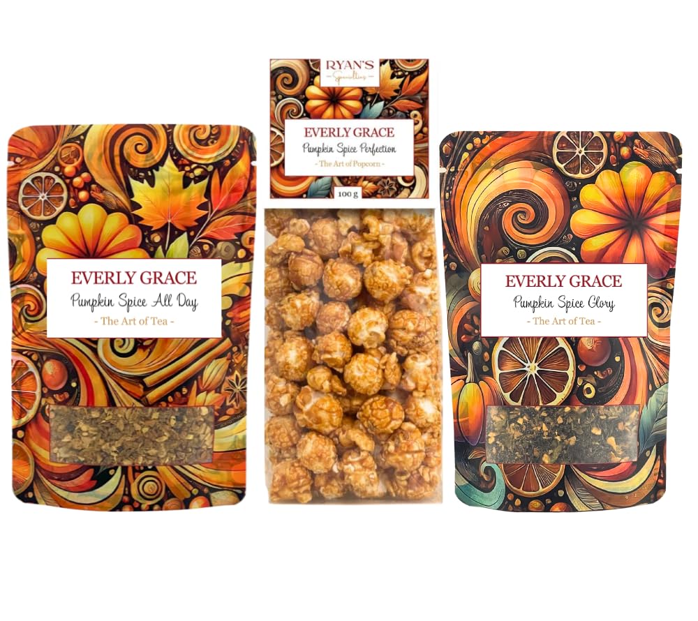 Everly Grace Pumpkin Spice - Juego de té orgánico suelto y palomitas de maíz crujientes en otoño, mezclas de otoño hechas a mano con canela, nuez moscada, clavo y calabaza, con té negro, té de