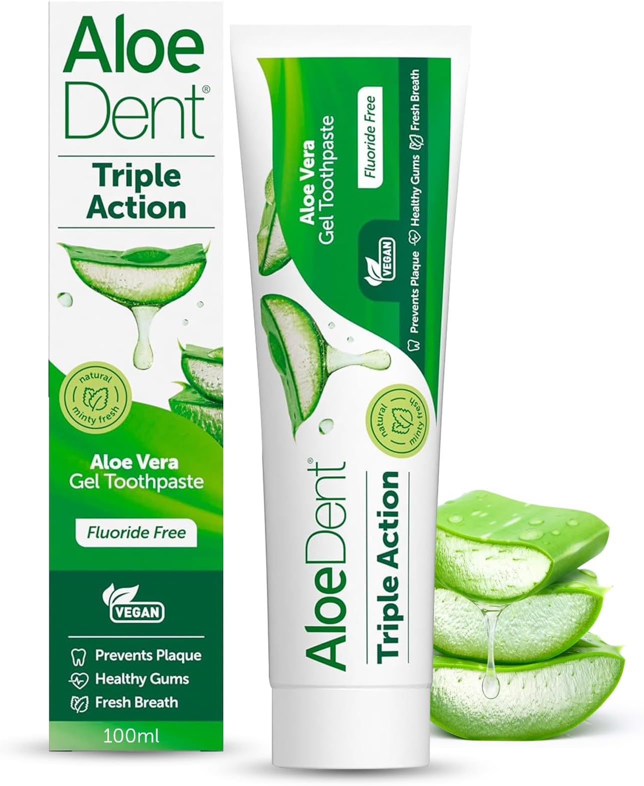 Aloe Dent Triple Action Aloe Vera Toothpaste Fluoride Free , Natural Action, Vegetarian , Cruelty Free , SLS Free, CoQ10, Healthy Gums , 100 ml