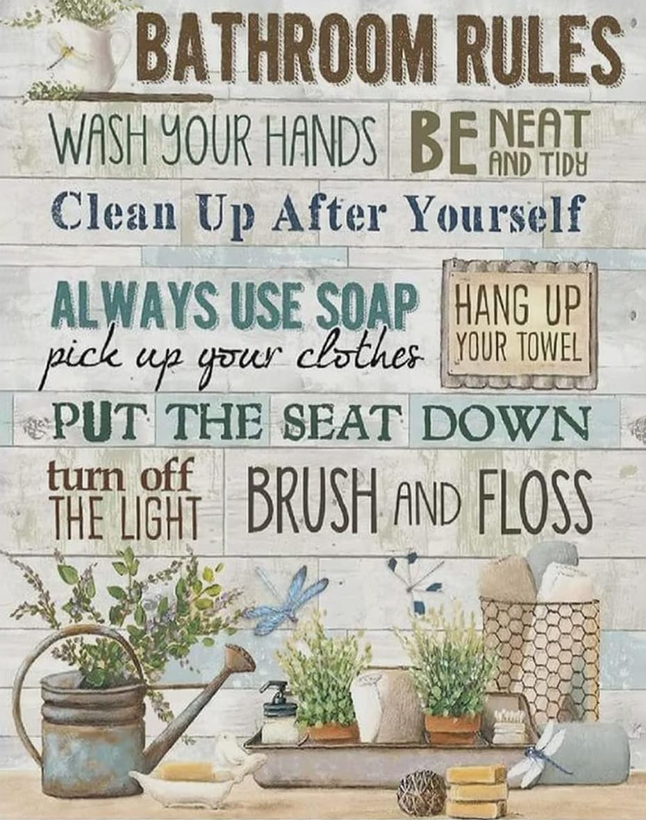 Kisoyo Bathroom Decor Tin Sign, Bathroom Rules Wall Decor, Rustic Bathroom Rules Wall Art Prints Signs Farmhouse Wall Decor Bathroom Pictures Artwork Bath Laundry Room Home Decorations 12X16 Inch