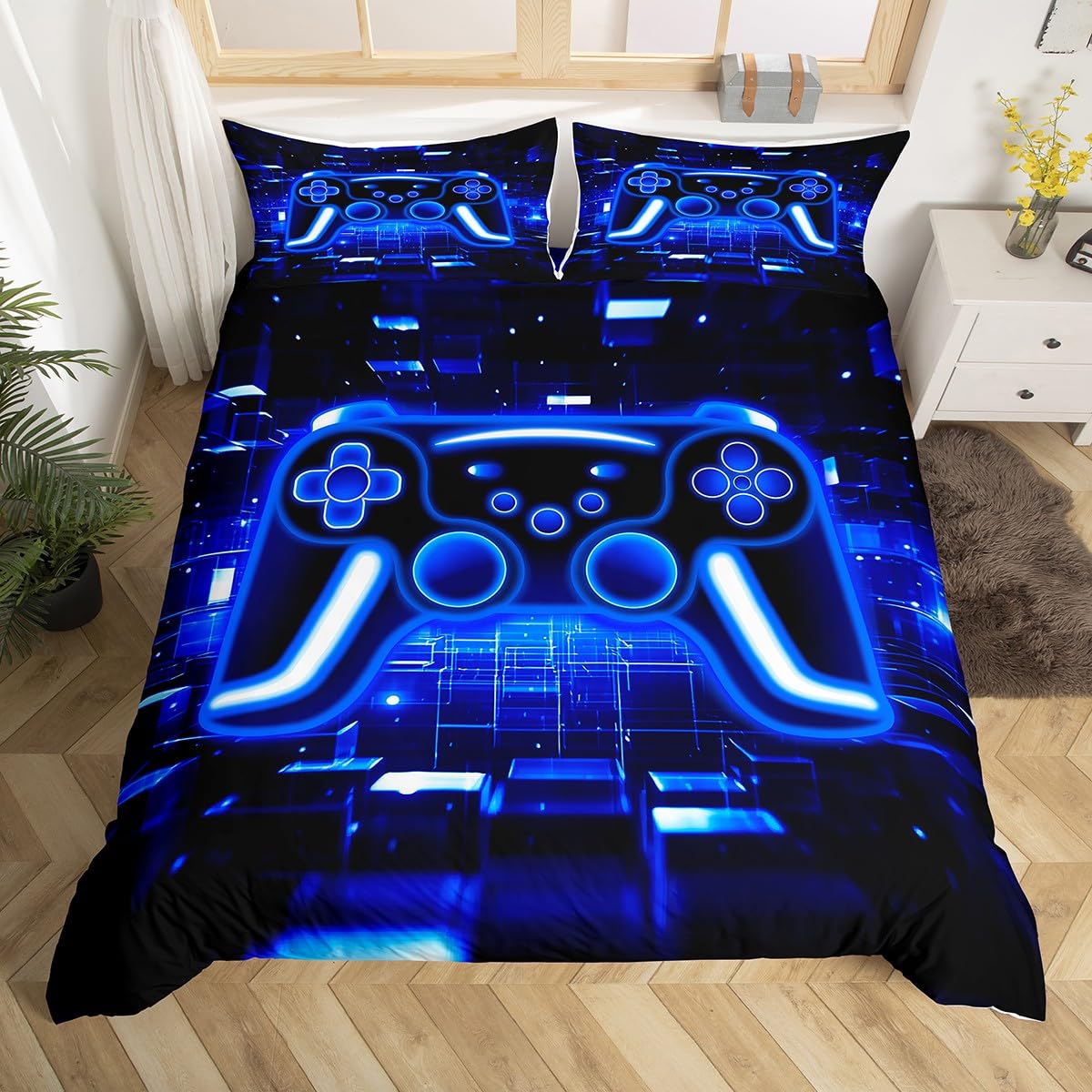 Homewish Gamer Duvet Cover Set Gaming Double Size Bedding Sets - Neon Lights Video Game Console Comforter Cover Blue Brick Cube Bed Set - Gamer Decor for Boys Bedroom