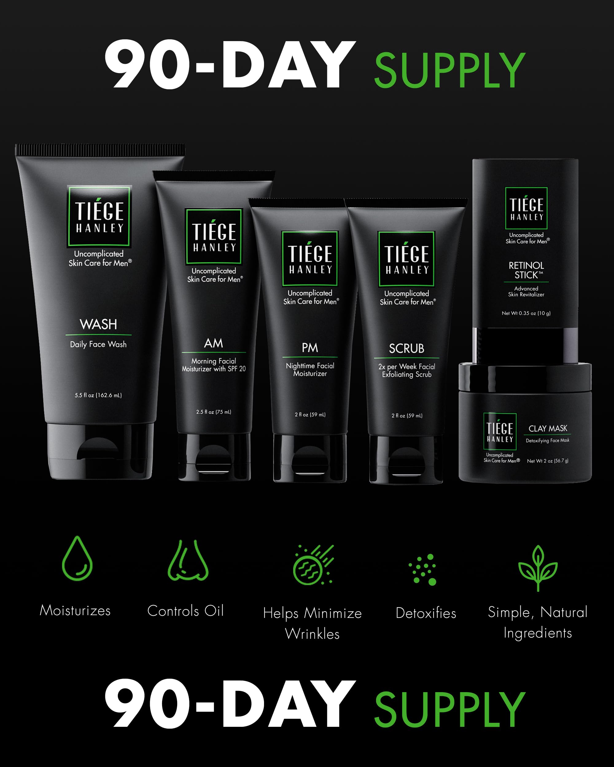 Tiege Hanley 90-Day Large Anti-Aging Skin Care Routine for Men Includes Face Wash Scrub, Moisturizers, Clay Mask, & Retinol Stick - Image 4