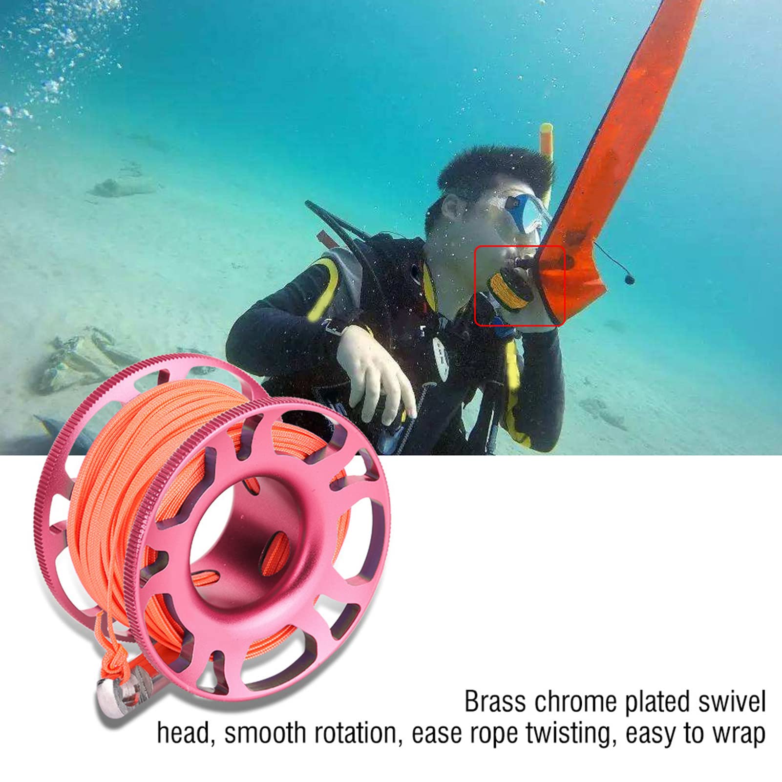 Keep Diving Aviation Aluminium Finger Reel Clip Scuba Diving Tech Spool 15m Line (Hellrosa)