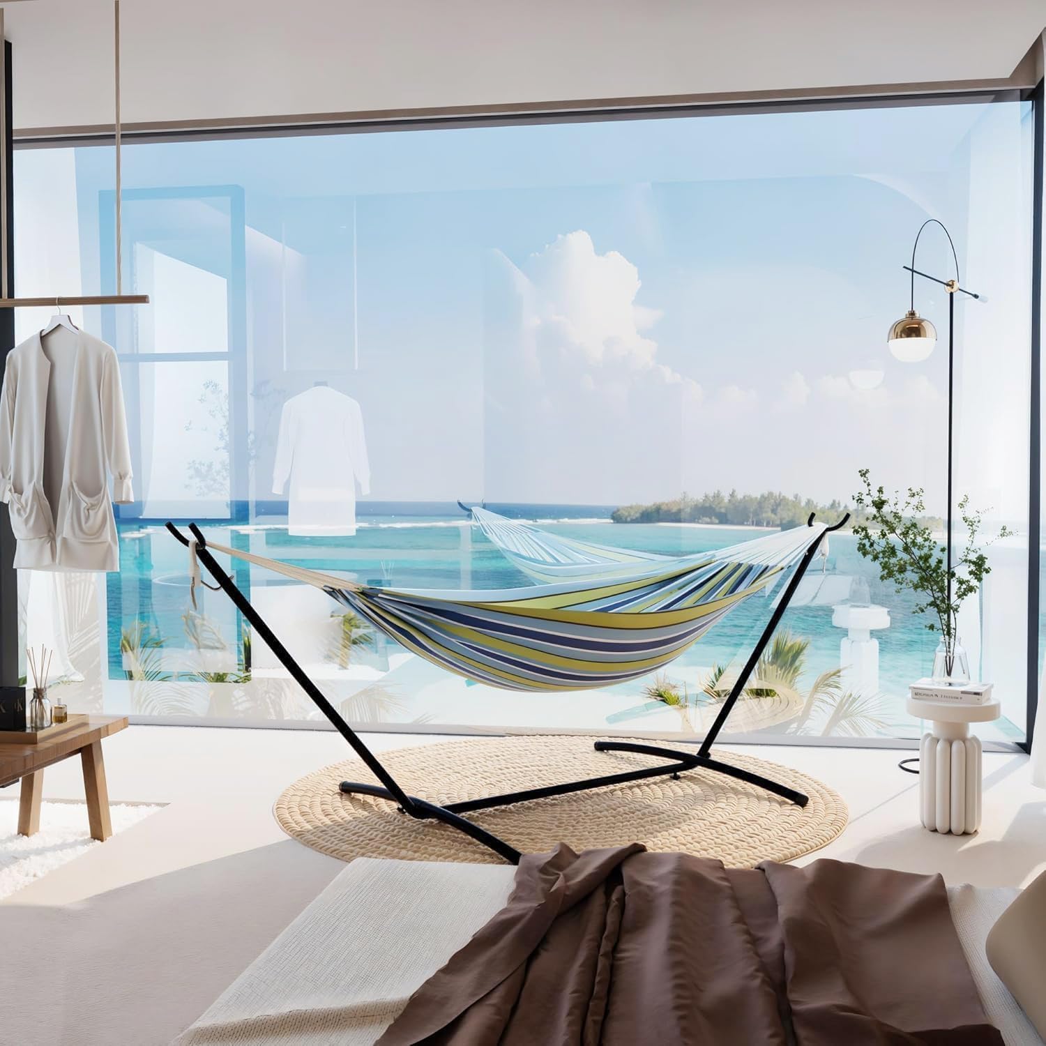 Double Hammock with Steel Stand, Outdoor Portable Hammocks Accommodates with 450Lb Capacity 2 People& Portable Carry Bag for Outside Camping Garden Yard,Blue Green