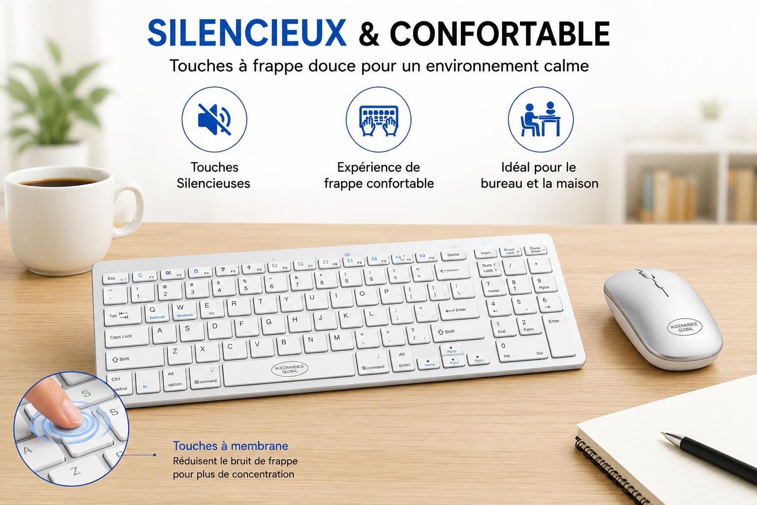 Ensemble Clavier et Souris sans Fil Bluetooth + USB – Combo QWERTY Anglais Slim, Silencieux, 2,4 GHz, Double Mode, pour PC/Mac/Smart TV/Tablette, Batterie Longue Durée (Argent)