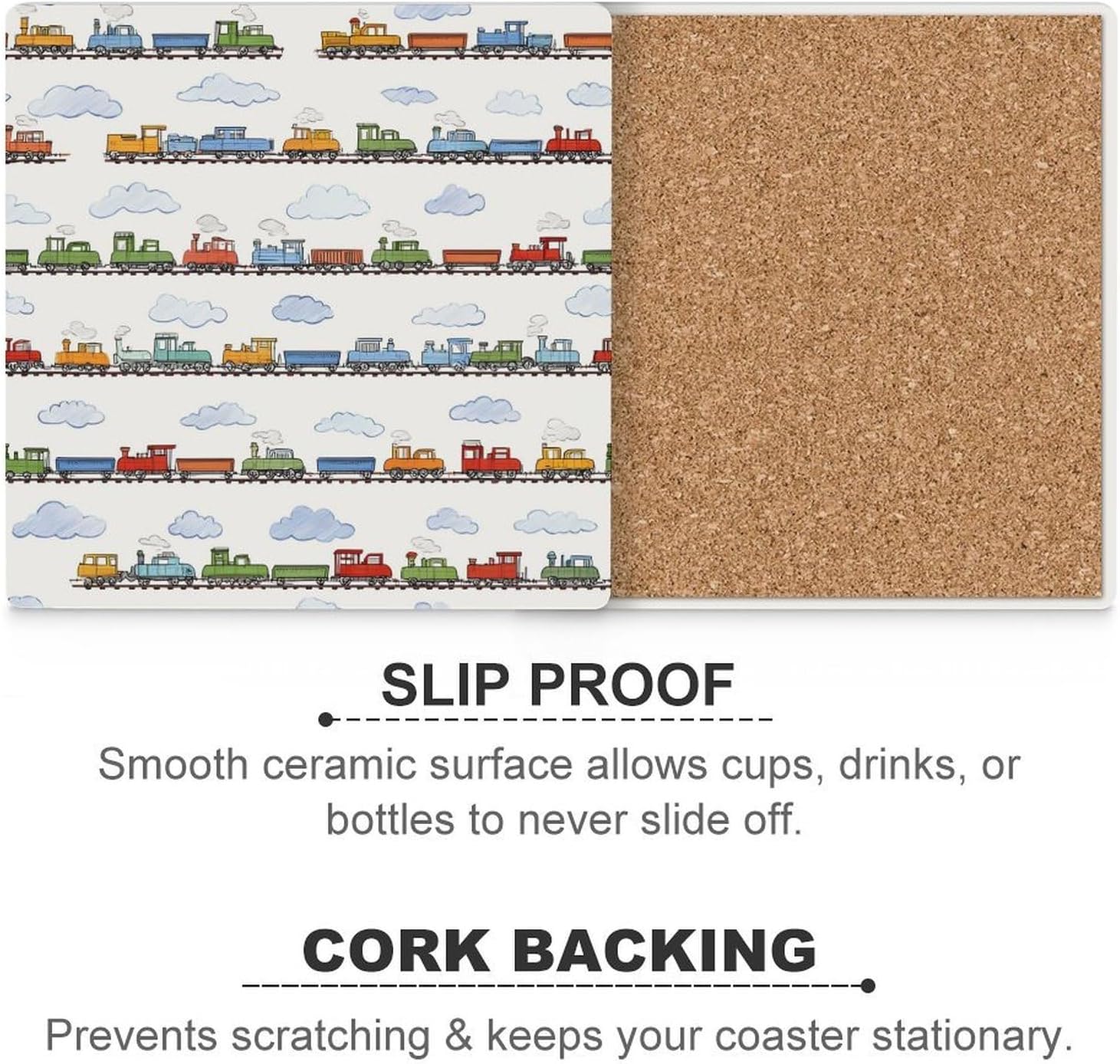 Train Cartoon Car Coaster for Drinks Square Ceramic Table Coasters Stone Mat Crafts 4PCS Home Kitchen Decor