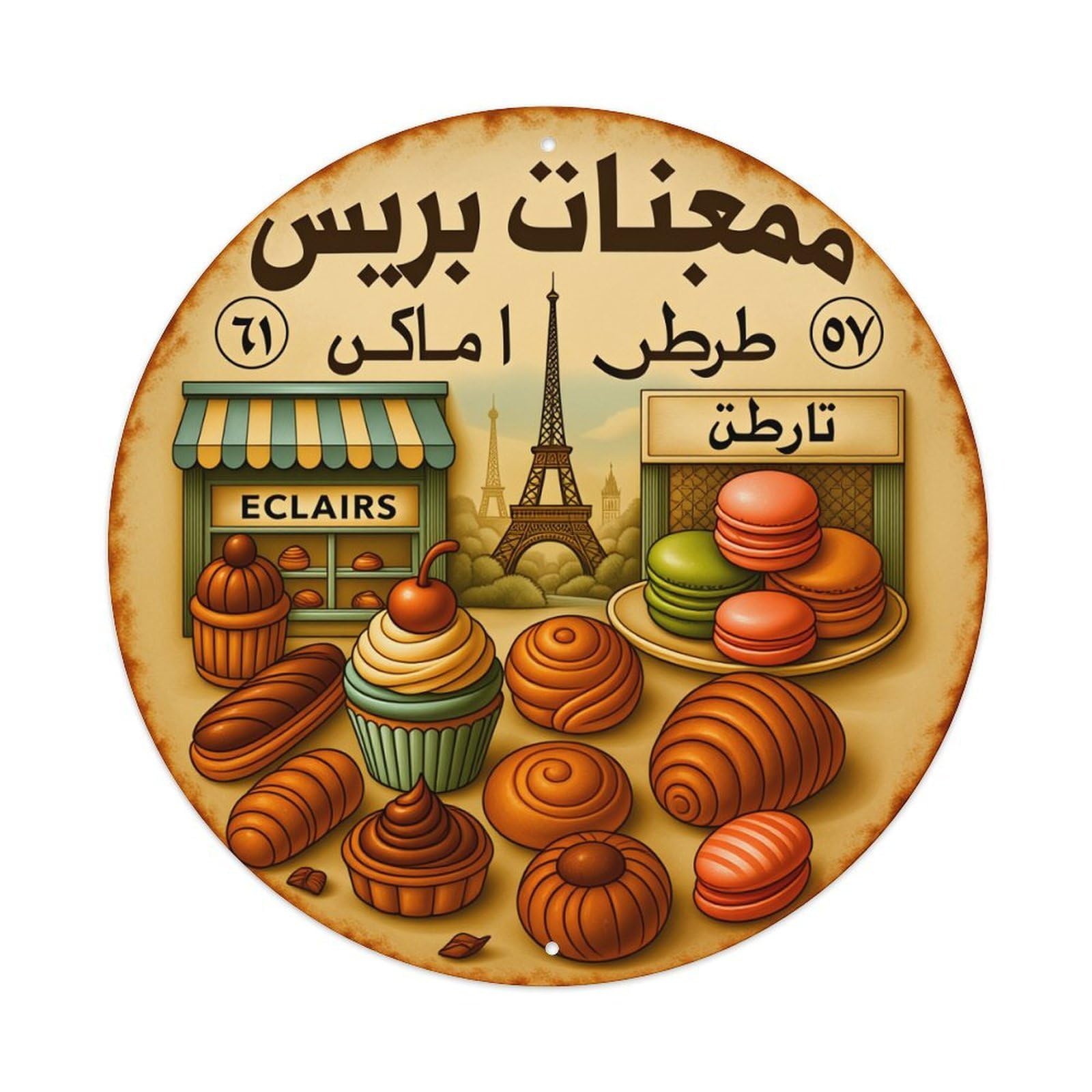 French Pastry Shop Scene Round Tin Sign Vintage Metal Poster Retro Bar, Home, Man Cave, Kitchen, Laundry Room Wall Art Decor Gift 8x8Inch