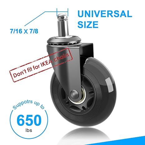 3 Office Chair Caster Wheels Replacement for Hardwood,Carpet,Tile,Universal Fit Standard Stem 7/16,Mute & Smooth Rolling Rubber Wheels for Chair to Replace Office Chair Mat,Set of 5