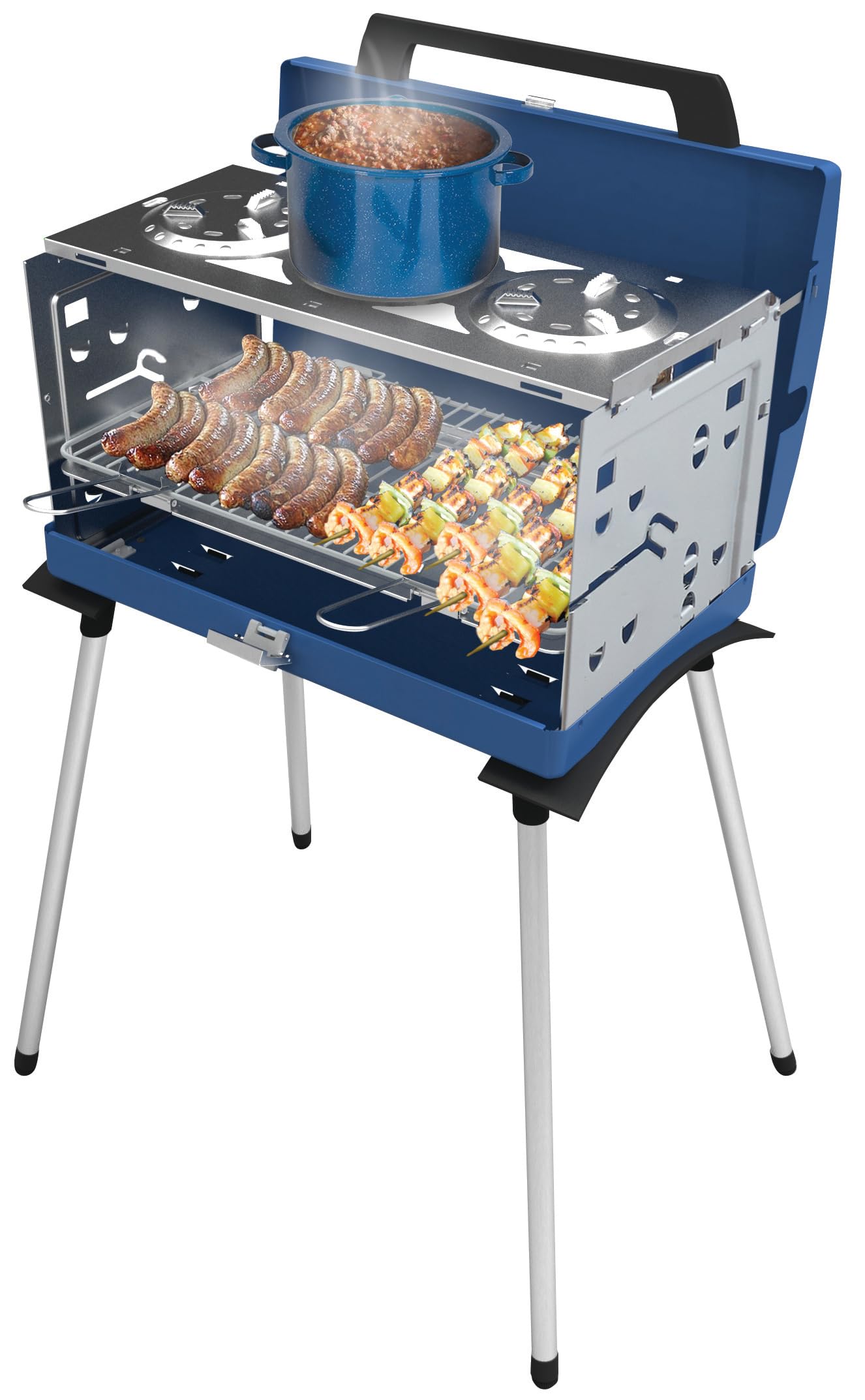 Campingaz Camping Grill Pueblo IV 200 SGR, Gasgrill Camping mit abnehmbaren Füßen, tragbarer Grill und 3-fach Kocher in einem Koffergrill, inkl. Drehspieß, 5.200 Watt, 72,5 x 54 x 108 cm