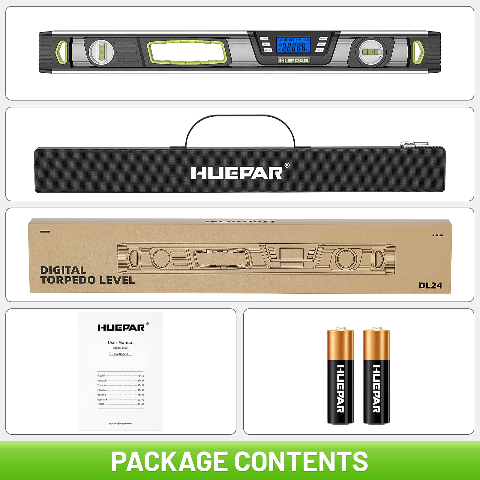 Huepar Livella digitale da 24 pollici, strumento professionale intelligente di precisione Torpedo, display LCD luminoso, avvisi acustici, fondo magnetico, IP54, resistente alla polvere e all'acqua