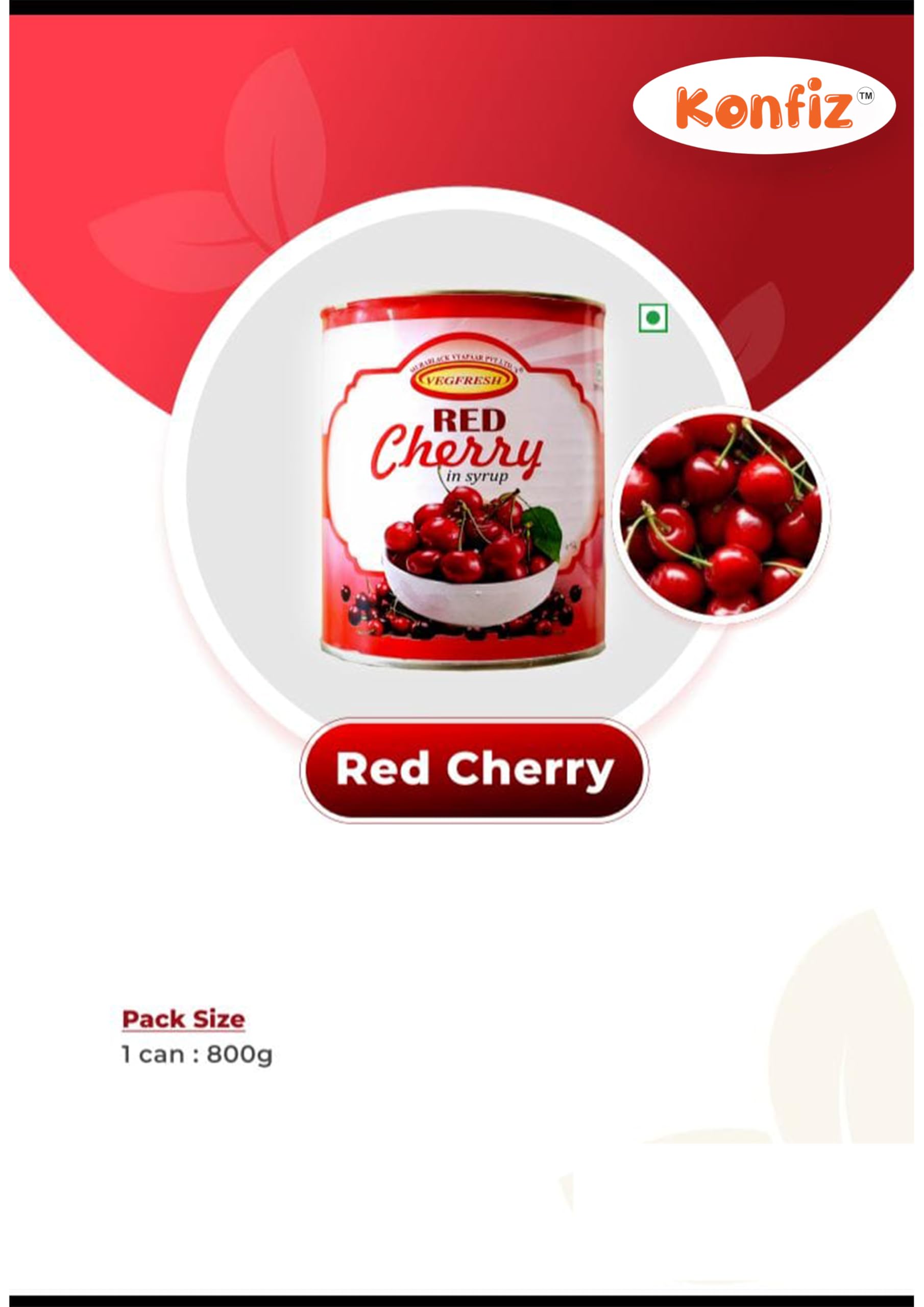 Konfiz Vegfresh Red Cherry in Syrup – Premium Whole Red Cherries, 840g Tin (Drained Weight 425g) – Juicy & Sweet – Ideal for Cakes, Ice Cream, Mocktails, Baking & Garnishing – No Added Preservatives, Ready to Use - Image 2 thumbnail
