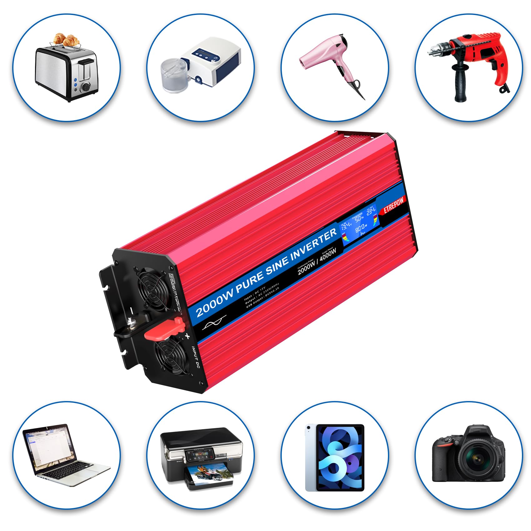 2000W Przetwornica 12v 230v Czysty Sinus z 2 gniazdami EU i bezprzewodowym pilotem, ekranem LCD, Falownikiem Nadaje się do użytku na zewnątrz, w domu, na kempingu, w kamperze
