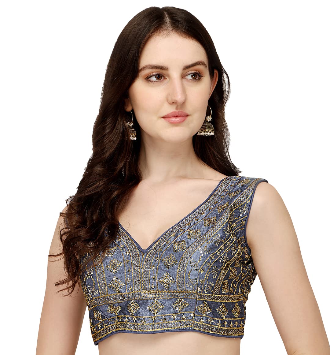 Pujia Mills Women's Silk Embroidery Sequins Zari Work Readymade Saree Blouse (Radha Krishna 11_Grey_38)