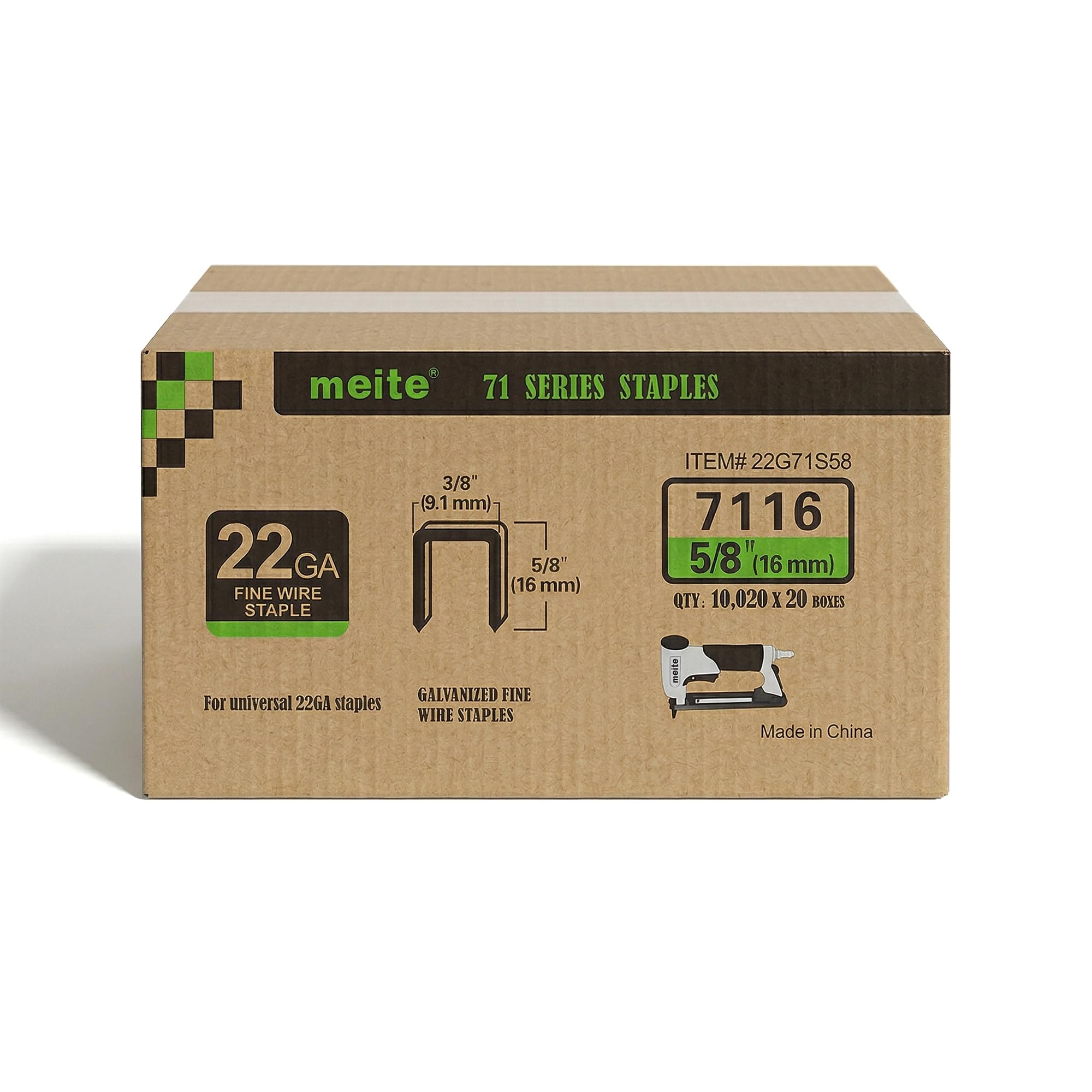 meite Type 71/16 mm Staples, Galvanised 22 Gauge 9.1 mm Crown Type 71 Upholstery Staples for Staple Gun, Ideal for Carpet, Work Box, Fence - 10,020 Counts/Box (1 Case - 20 Boxes)