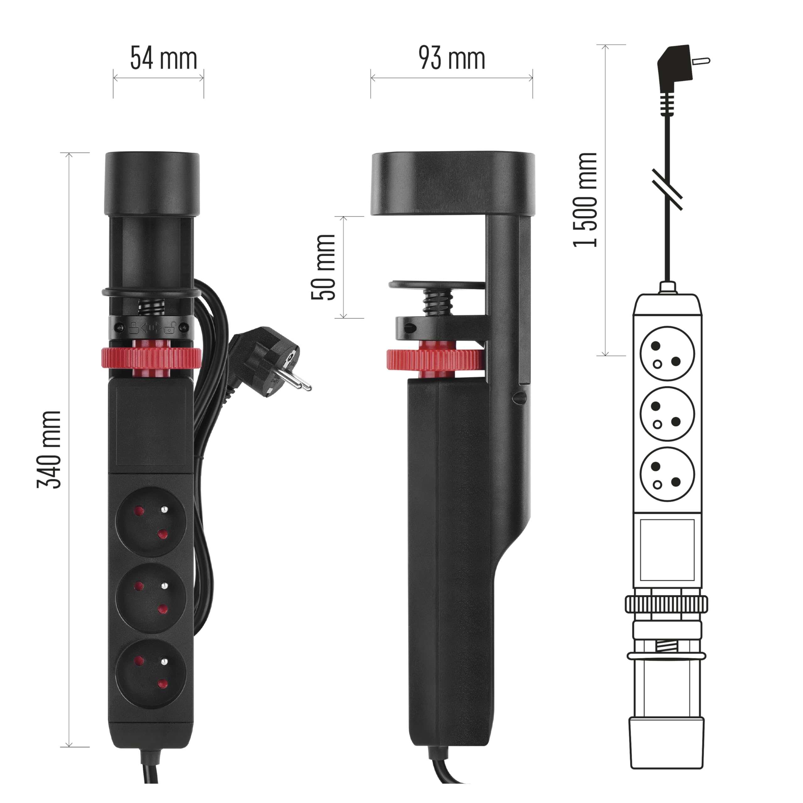 EMOS - Ciabatta elettrica verticale a 3 prese con USB, cavo da 1,5 m, standard francese