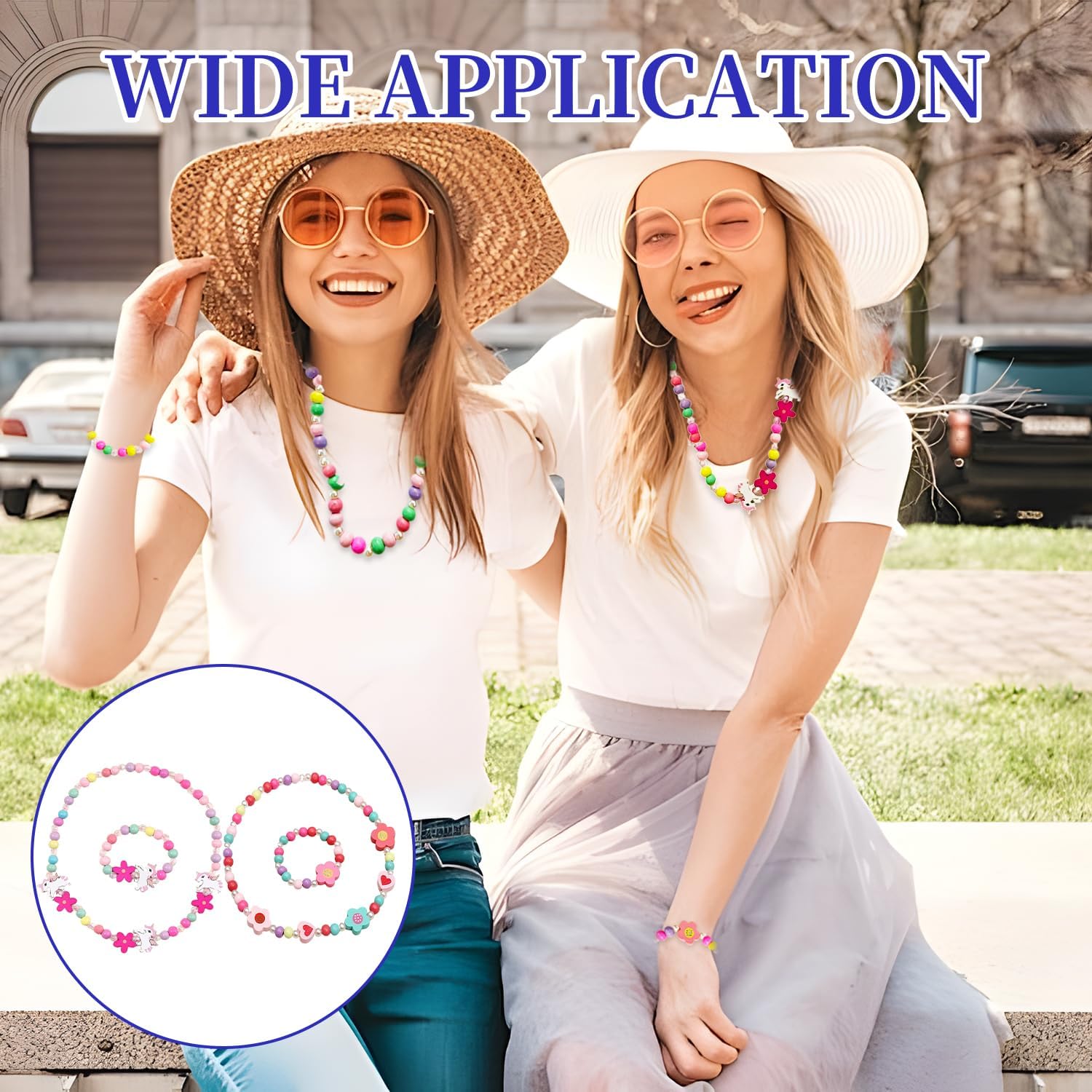 Juego de 4 joyas de madera para niños, collar de dibujos animados para niñas, pulsera de perlas de flores, collar y pulsera de unicornio, regalo para niñas, fiesta de cumpleaños, accesorios de disfraz