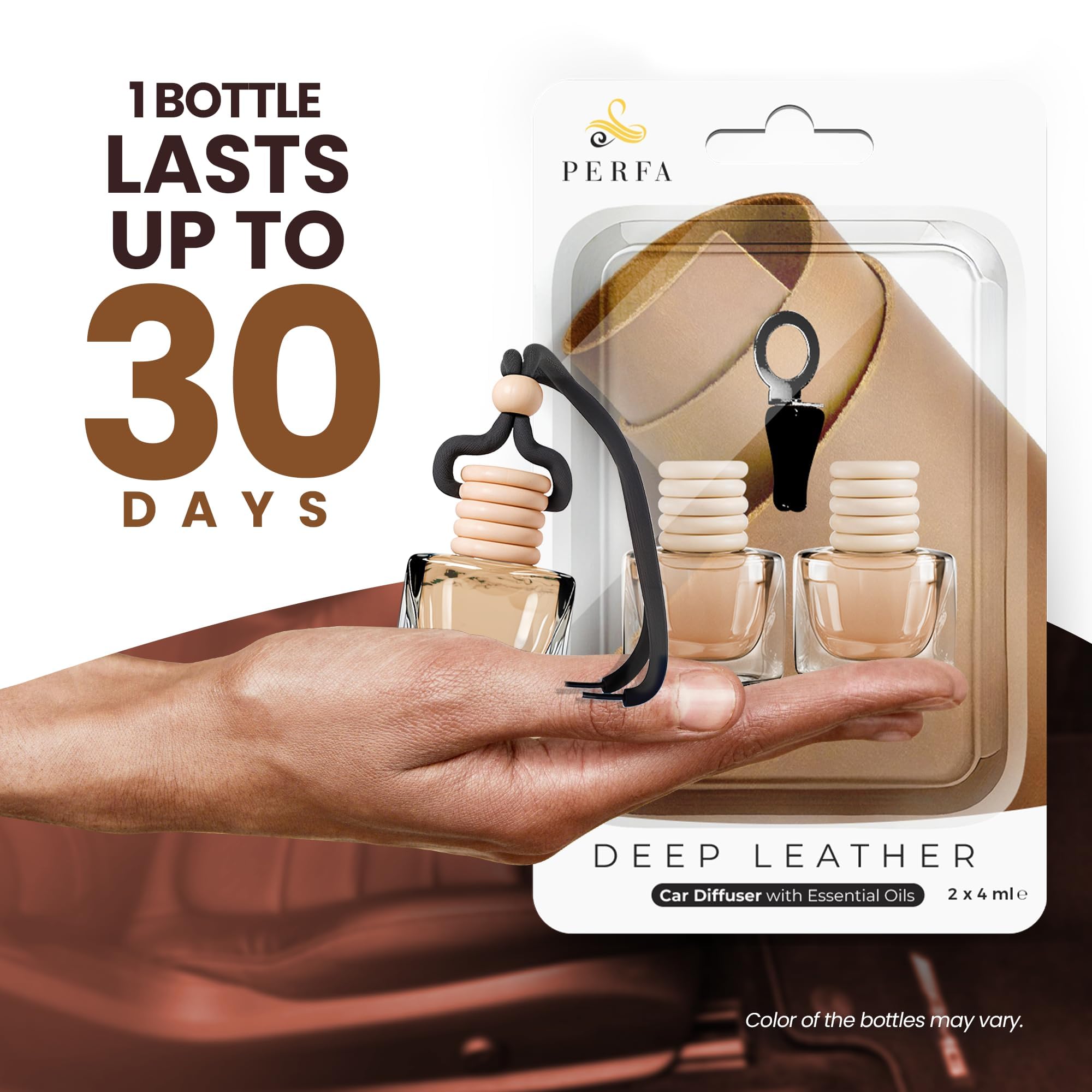 Ambientadores de coche para hombre, fragancia profunda de cuero, paquete de 2 ambientadores para coche, eliminador de olores con aceites esenciales, ambientadores de coche con clip de ventilación