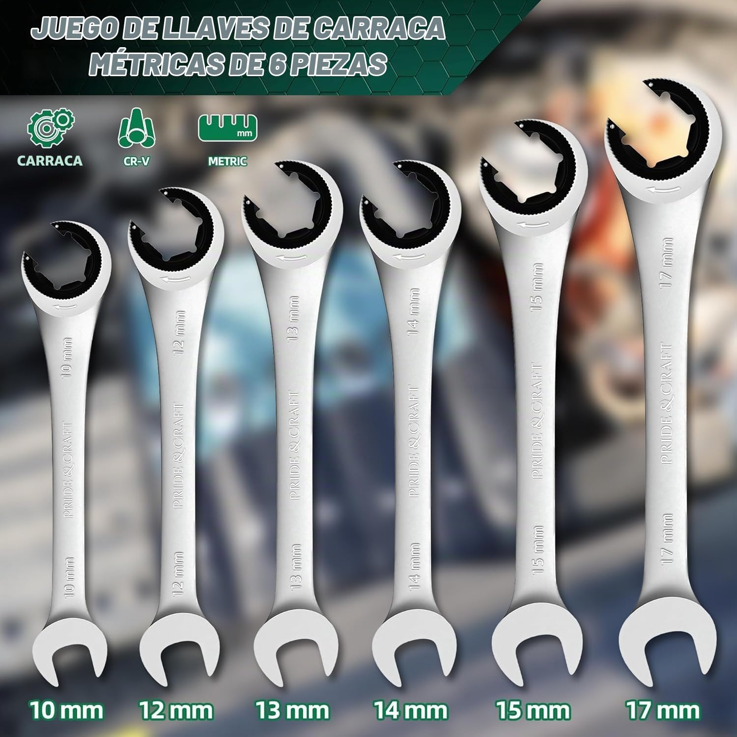 Juego De Llaves Fijas Con Carraca, 6 Piezas 10-17mm Juego De Llaves Combinadas Con Carraca Abierta, Llave Tubo Para Frenos, LíNea De Combustible Para ReparacióN De Coches, Aire Acondicionado