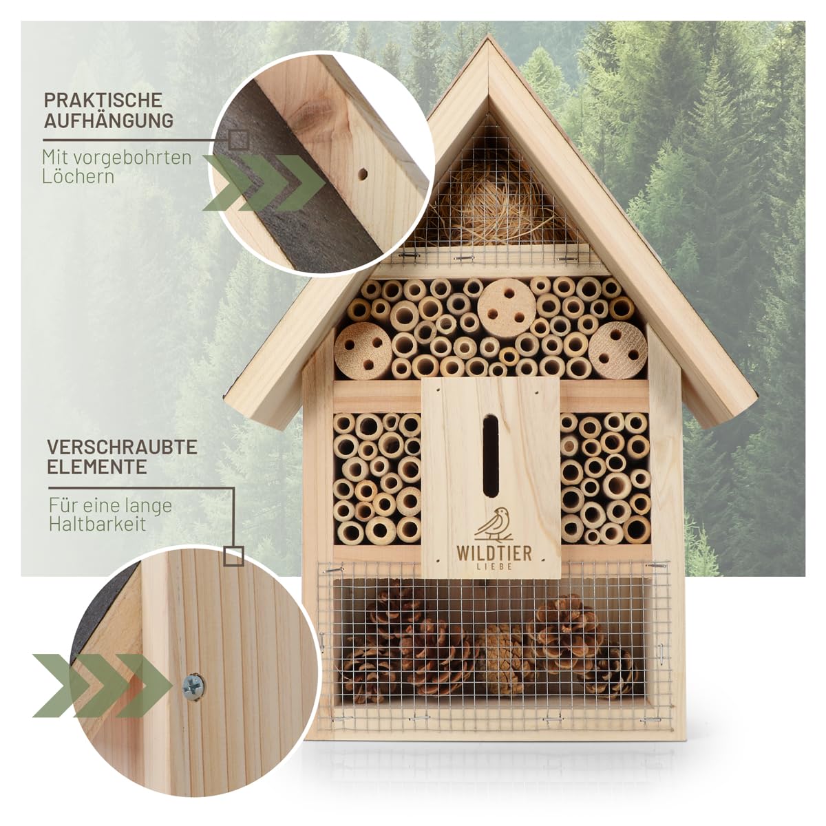 wildtier liebe Hotel para insectos grande, hotel de abejas sin tratar, incluye atrayente, madera maciza atornillada, casa para insectos para abejas, mariquitas y mariposas, hotel de abejas
