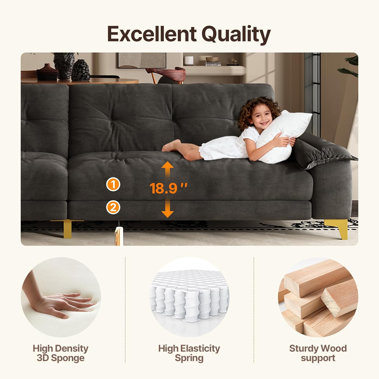 104.7" sectional Couch, mid-Century Modern 4-Seater Comfy Cloud Couch for Living Room Office, Button Tufted upholstered Metal Legs Sofa Sturdy loveseat (Dark Gery, 104.7Inch)