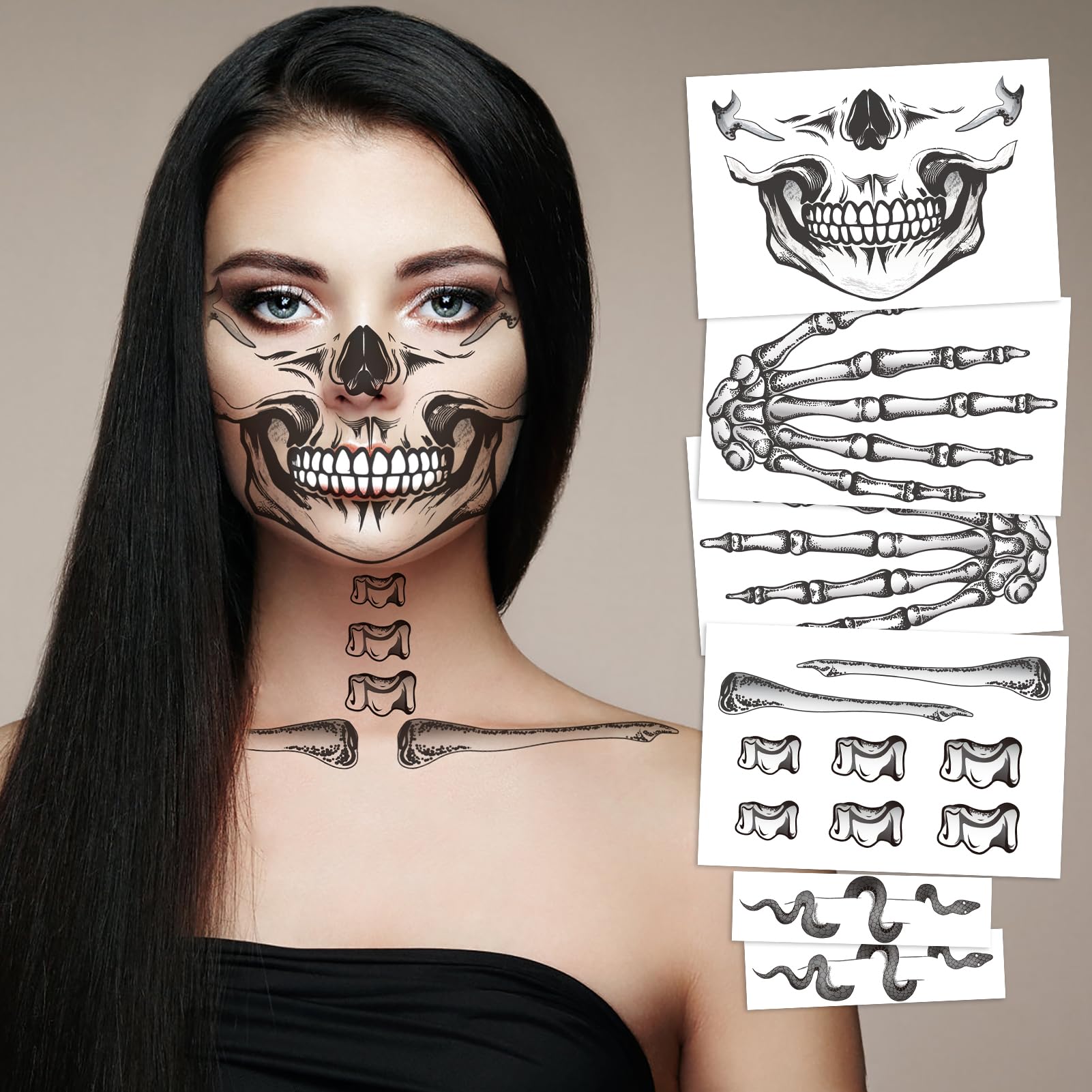 HOWAF 6 PCS Skeleton Face Tattoo, Skeleton Face, Hand, Snake Collarbone, Skull Halloween Temporary Tattoos