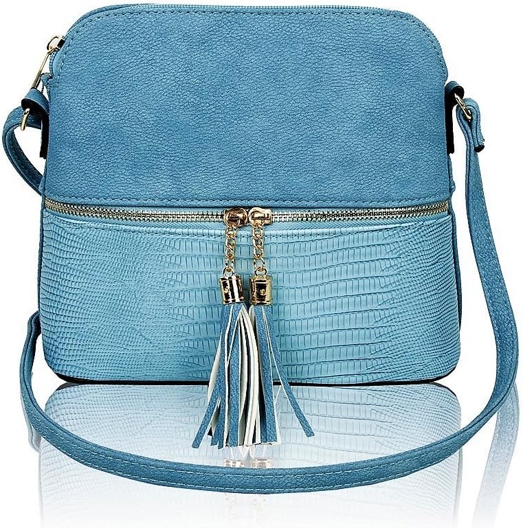 REDFOX Women's Mini Tassel Zip Trendy Snakeskin Faux Leather Sling Crossbody Handbag (Quay Blue)