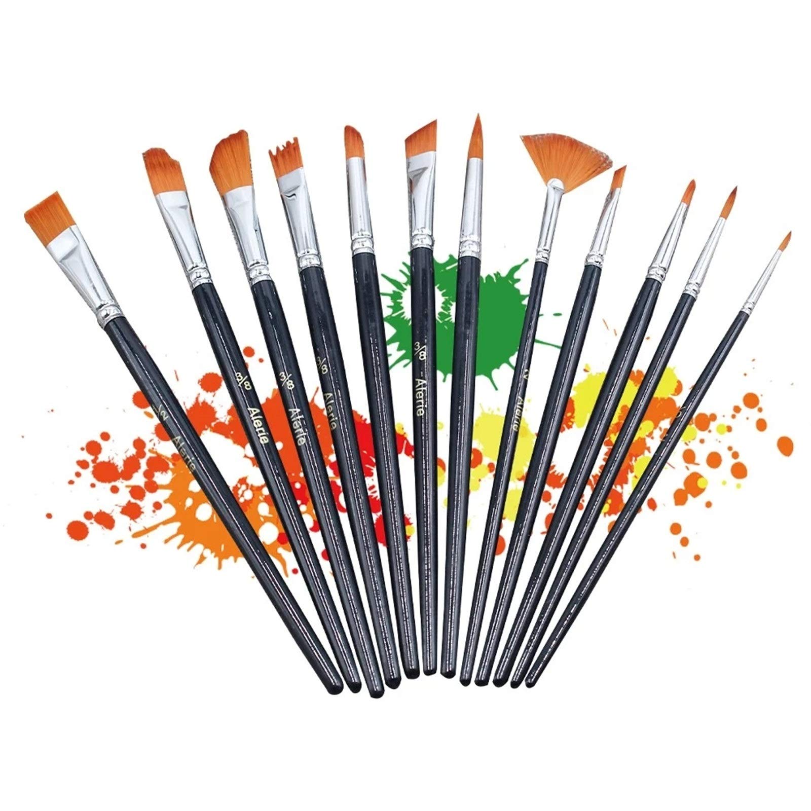 Pinsel-Set, 12-teilig, verschiedene Größen, Nylonhaar, Holzgriff, professioneller Künstlerpinsel für Acryl, Öl, Aquarell (Schwarz, Einheitsgröße)