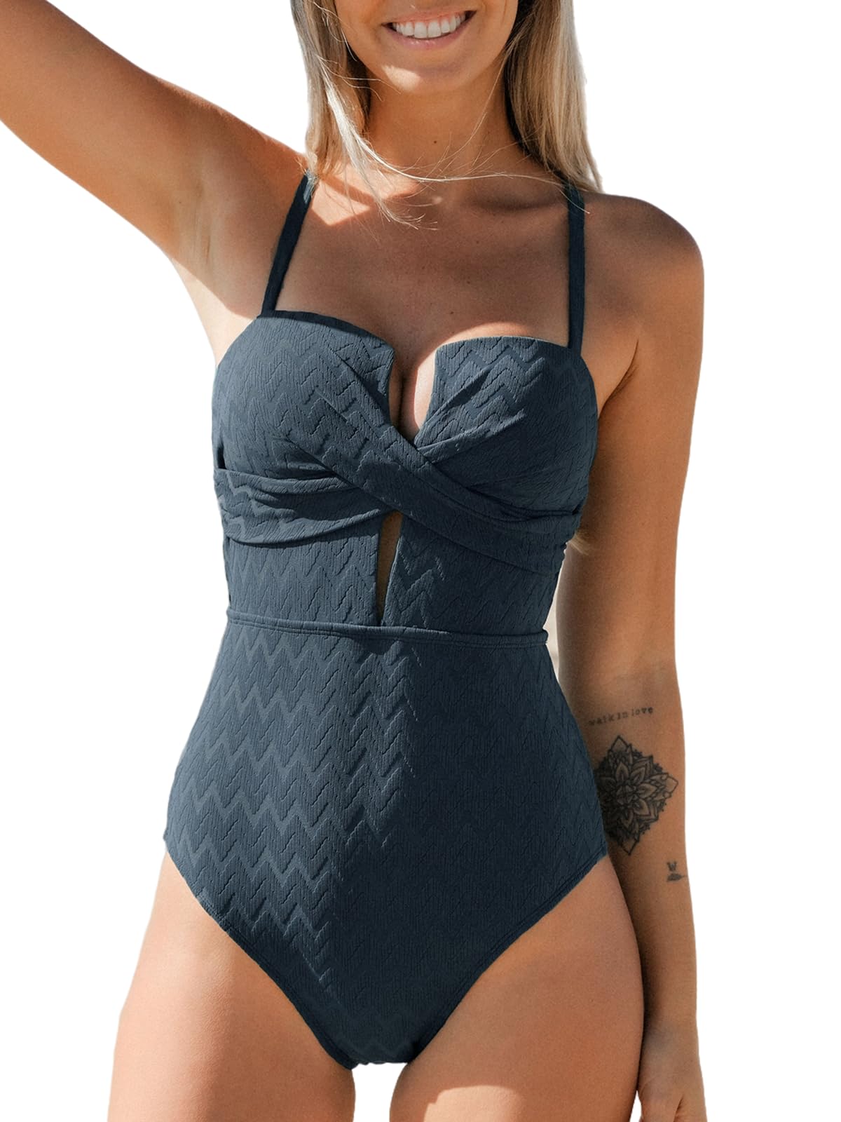 CUPSHE Damen Badeanzug Tiefer Ausschnitt Crossover Wickeloptik Geformte Cups Gerippte Textur Einteilige Bademode Swimsuit