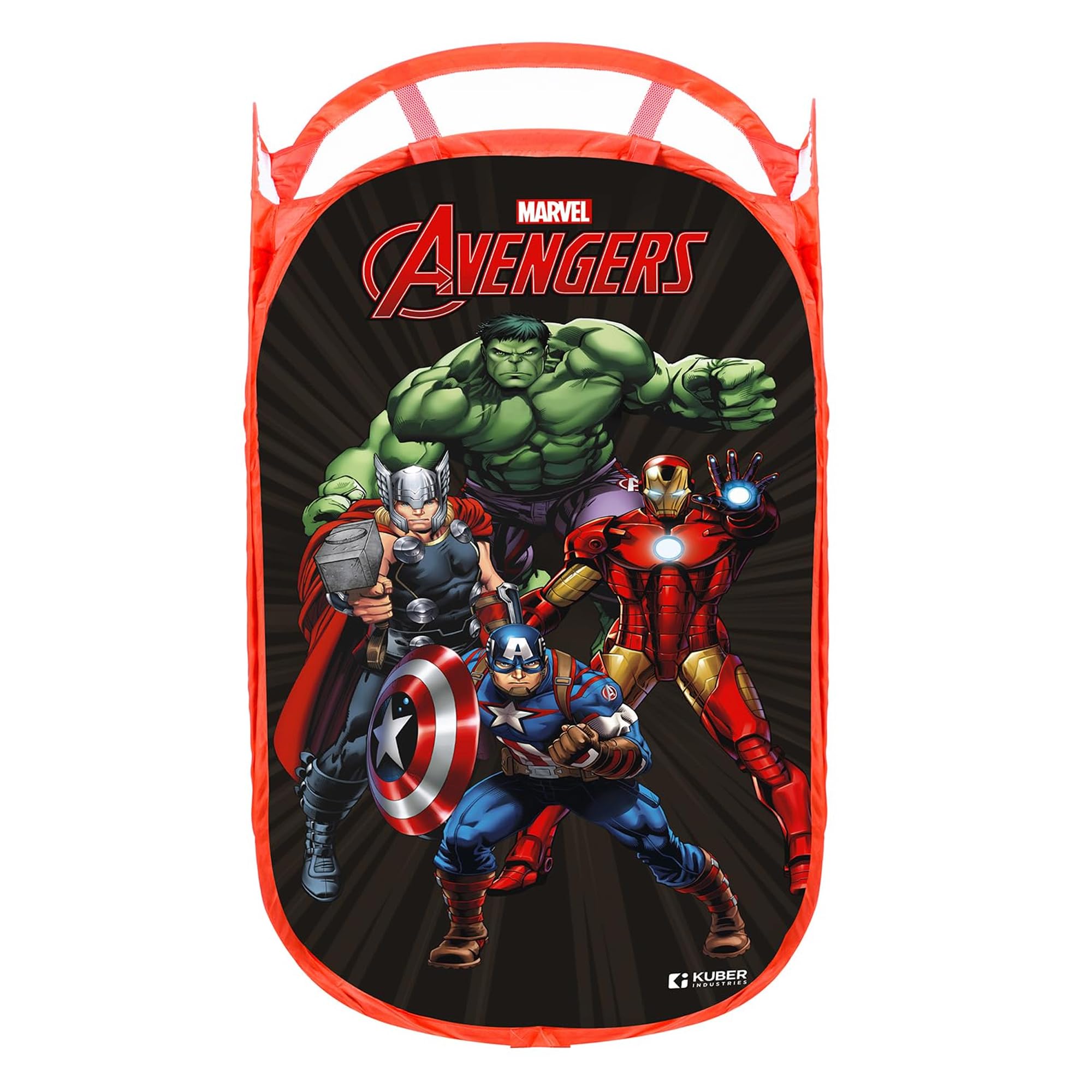 Kuber Industries Mesh Laundry Basket | Marvel Avengers | 30 Ltr-Foldable Toy Storage Basket | Nylon Waste Clothes Laundry with Handle | Black