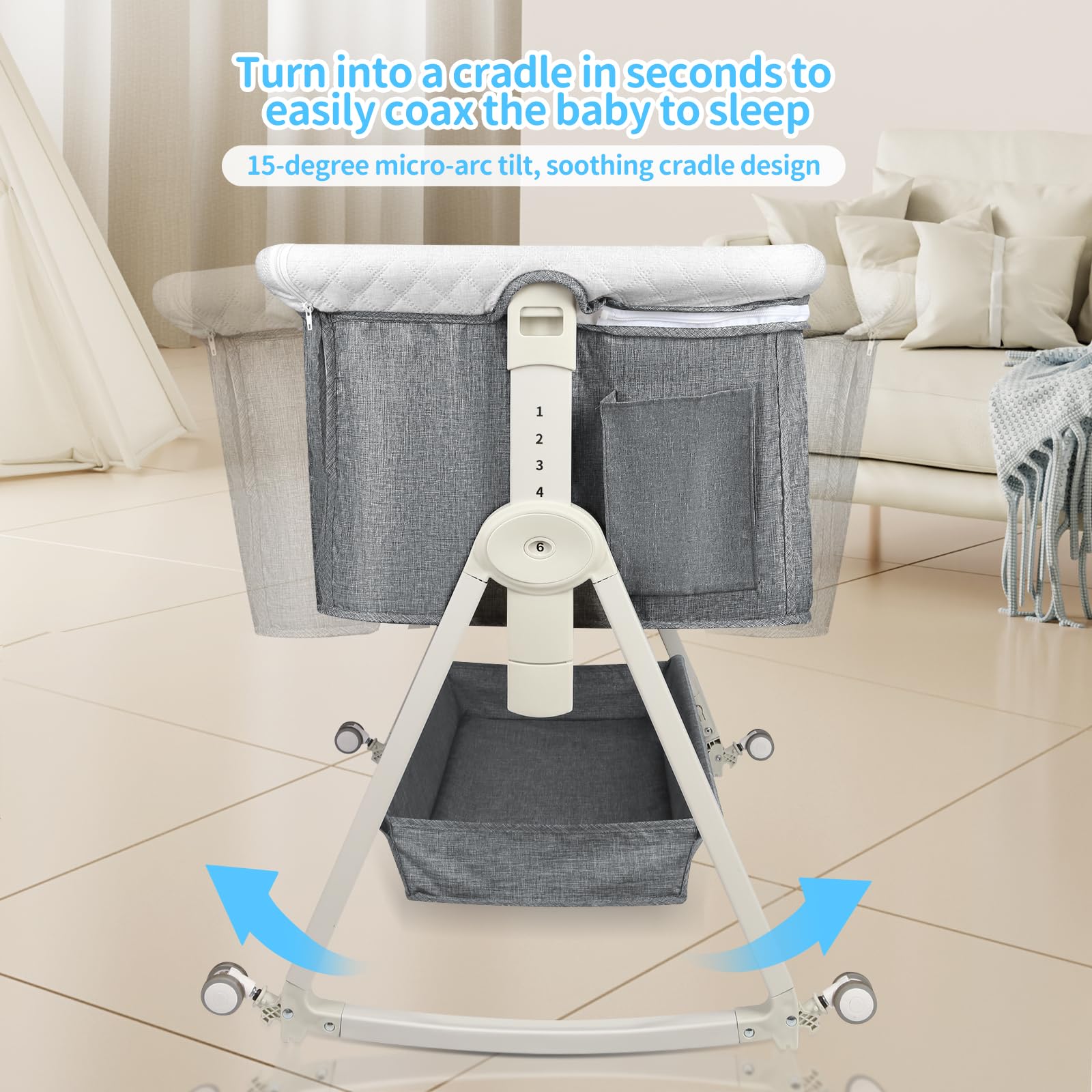 HUOLE 3 in 1 Berceau Cododo avec Matelas et Moustiquaire, lit bébé Portable avec roulettes, 92x52x106-118 cm Gris Lin