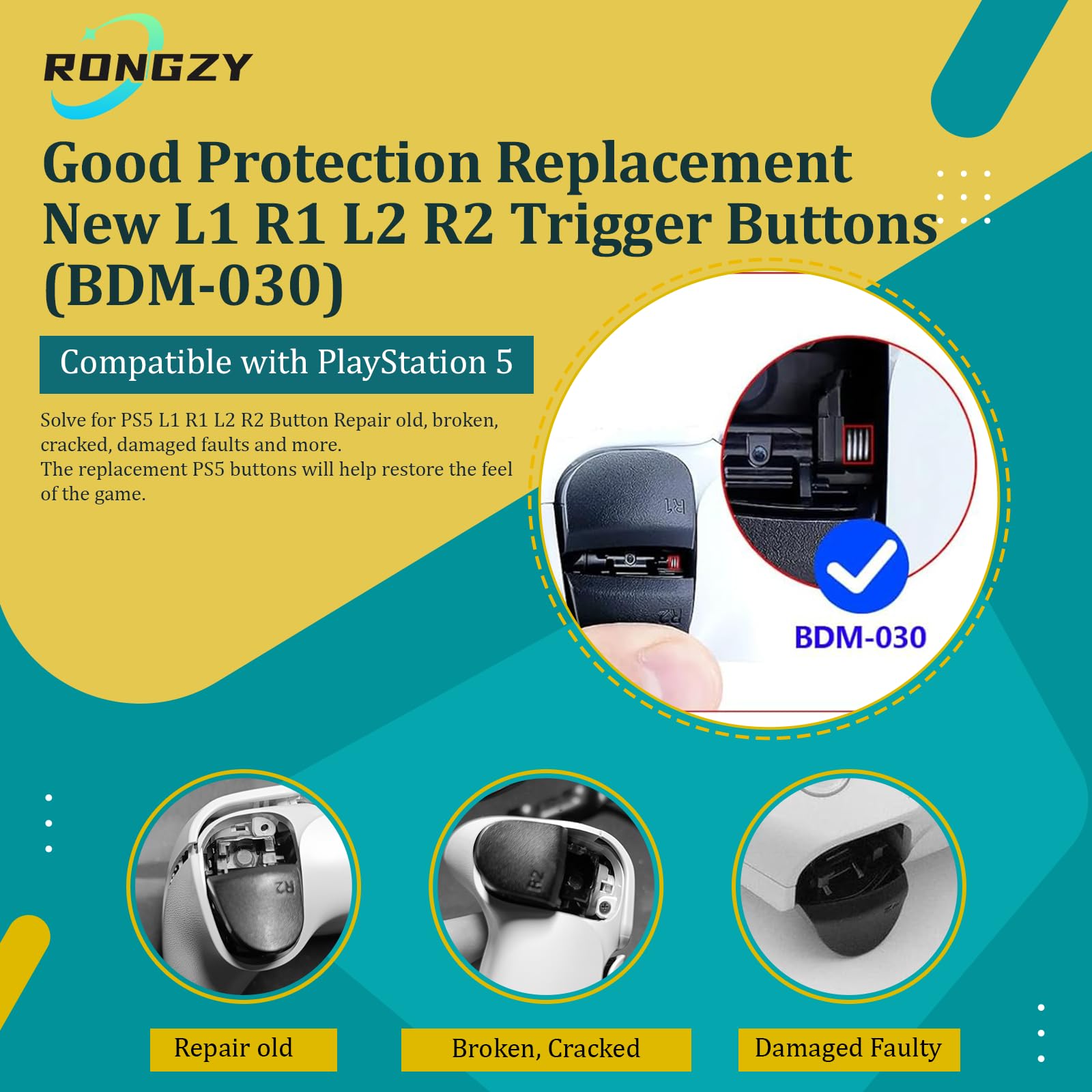 RongZy per PS5 L1 R1 L2 R2 Pulsanti Grilletto per Playstation 5 PS5 BDM-030 Spalle Pulsanti di Trigger con Kit di Riparazione Strumenti - 2