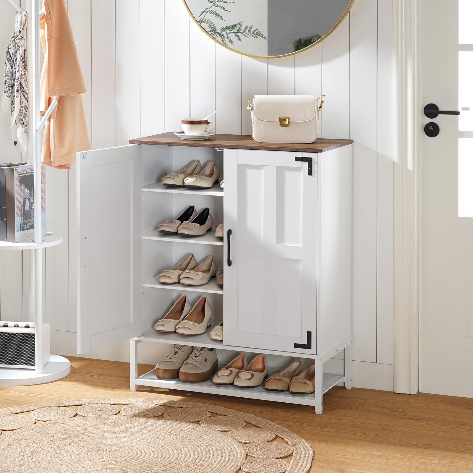 HOOBRO Meuble à Chaussures, Rangement Chaussures de Style Maison des Campagne à 6 Niveaux avec Étagères Réglables, Meuble pour Entrée, Chambre, Dressing, Blanc et Noyer EWH44SC01