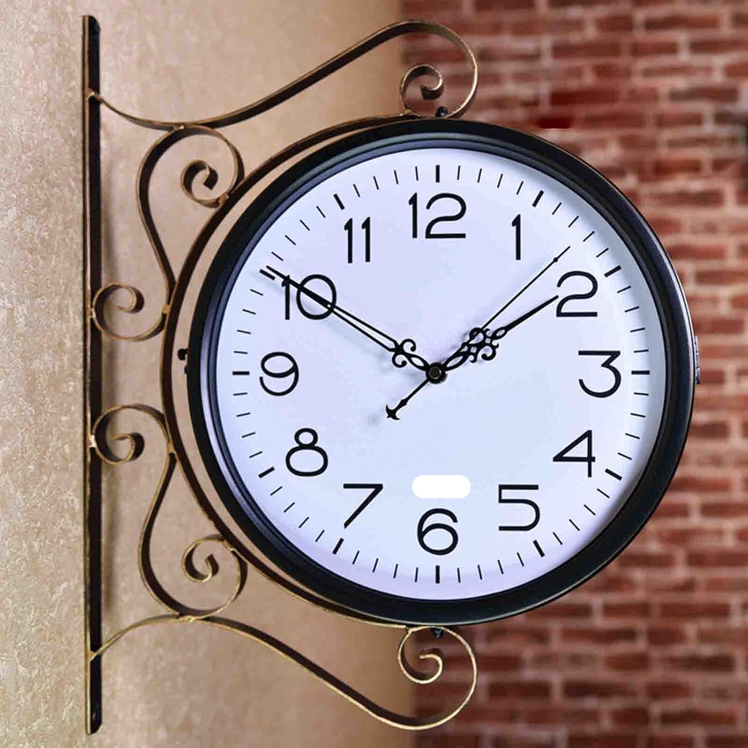 MYUYEE Wrought Iron Antique-Look Brown Round Wall Hanging Double Sided Two Fas Retro Station Clock Chandelier Home Decoration