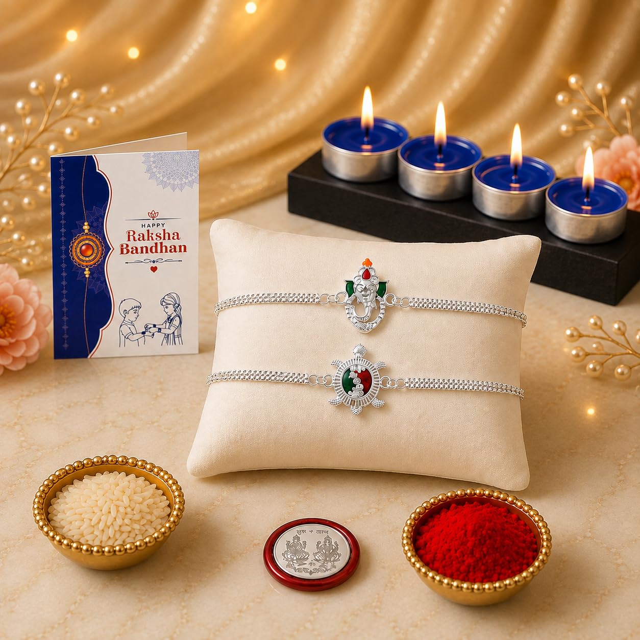 Oblivion Tea Light Candle Set of 4 for Brother – Rakhi for Brother Set of 1, Silver Color Coin & Greeting Card, Gift for Bhai, Bhabhi & Kids, Traditional Raksha Bandhan Celebration Combo Kit 2025-image-1