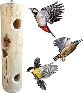 Natural Wood Log Feeder for Woodpeckers - 16 inch Outdoor Hanging Suet Feeder, Works with Suet Plugs, Balls and Cakes - Made In USA