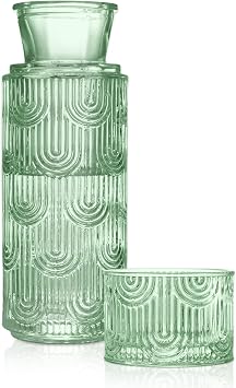Bedside Water Carafe and Glass Set, 21.6 oz Glass Pitcher with 6 OZ Cup Drinking Cup as Lid, Mouthwash Dispenser for Bathroom, Bedroom Nightstand Serving Decanter Dispenser for Water, Juice, Tea