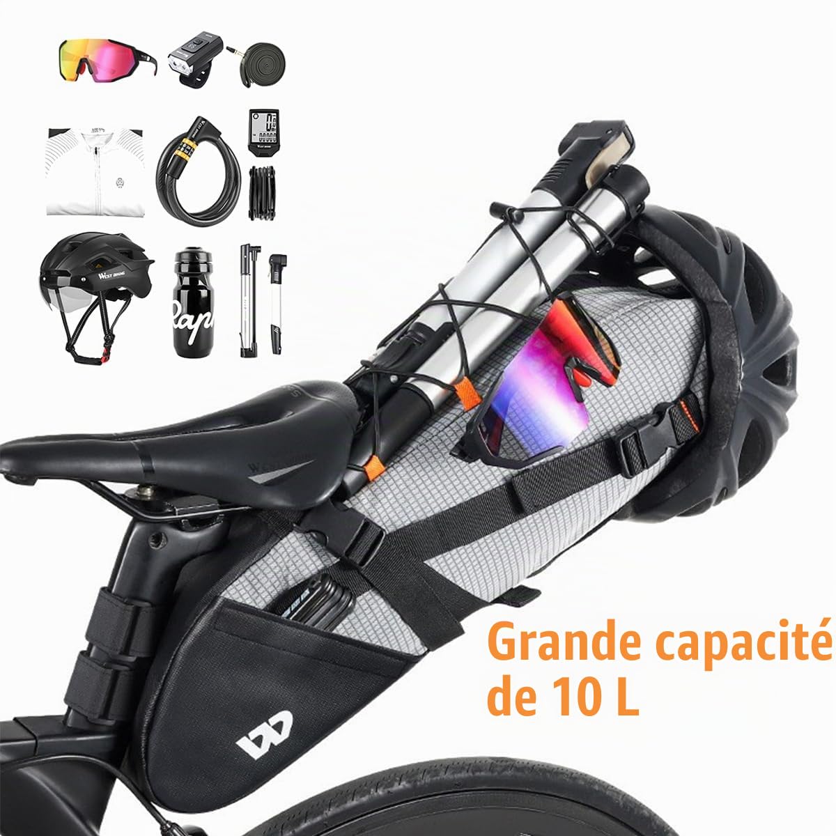 Sacoche de Selle, Sacoche Velo Extensible avec Double Conception Imperméable pour VTT, Vélo de Route, Vélo de Ville - 10L de Grande Capacité
